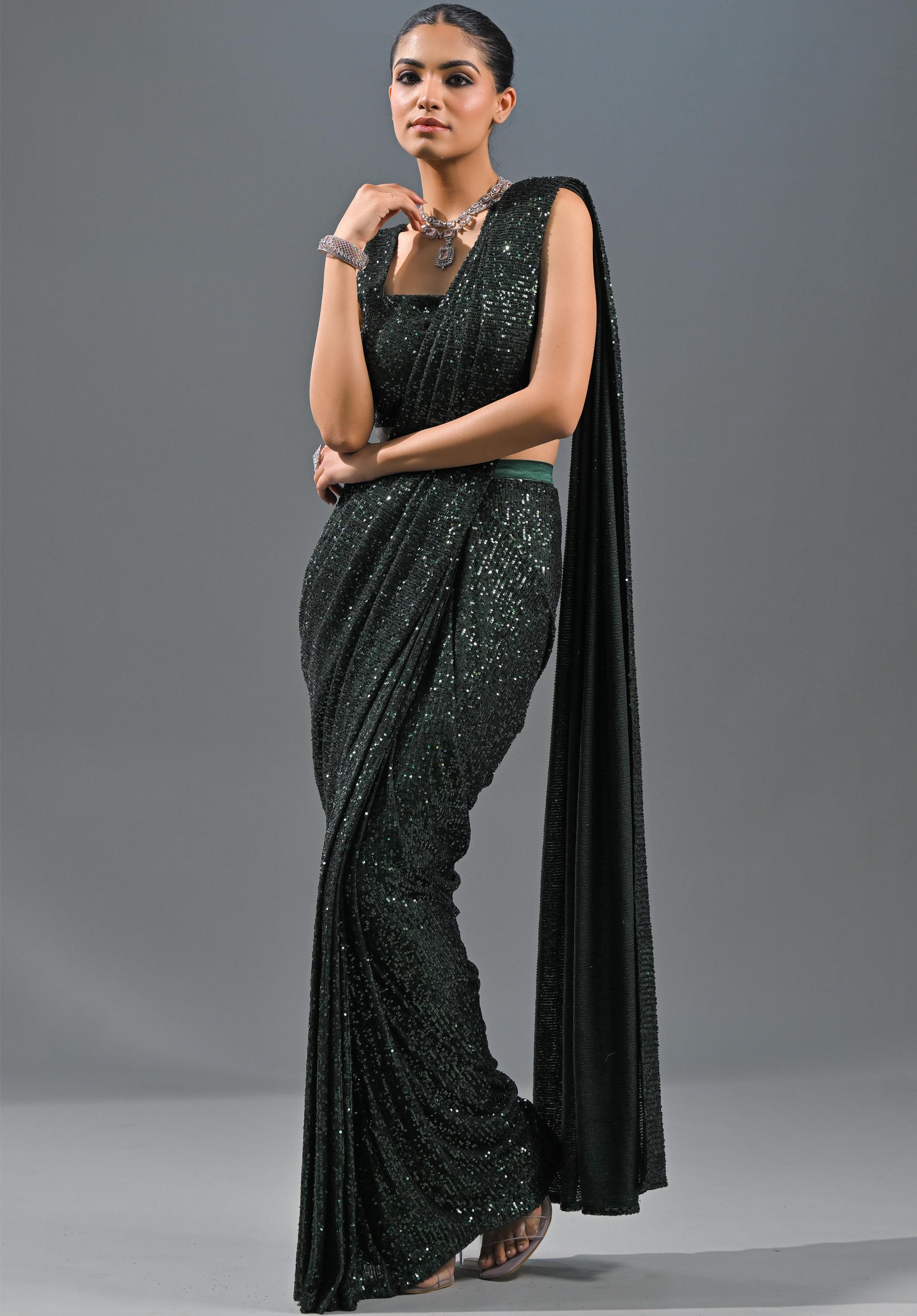 Green Sequin Embellished Net Saree