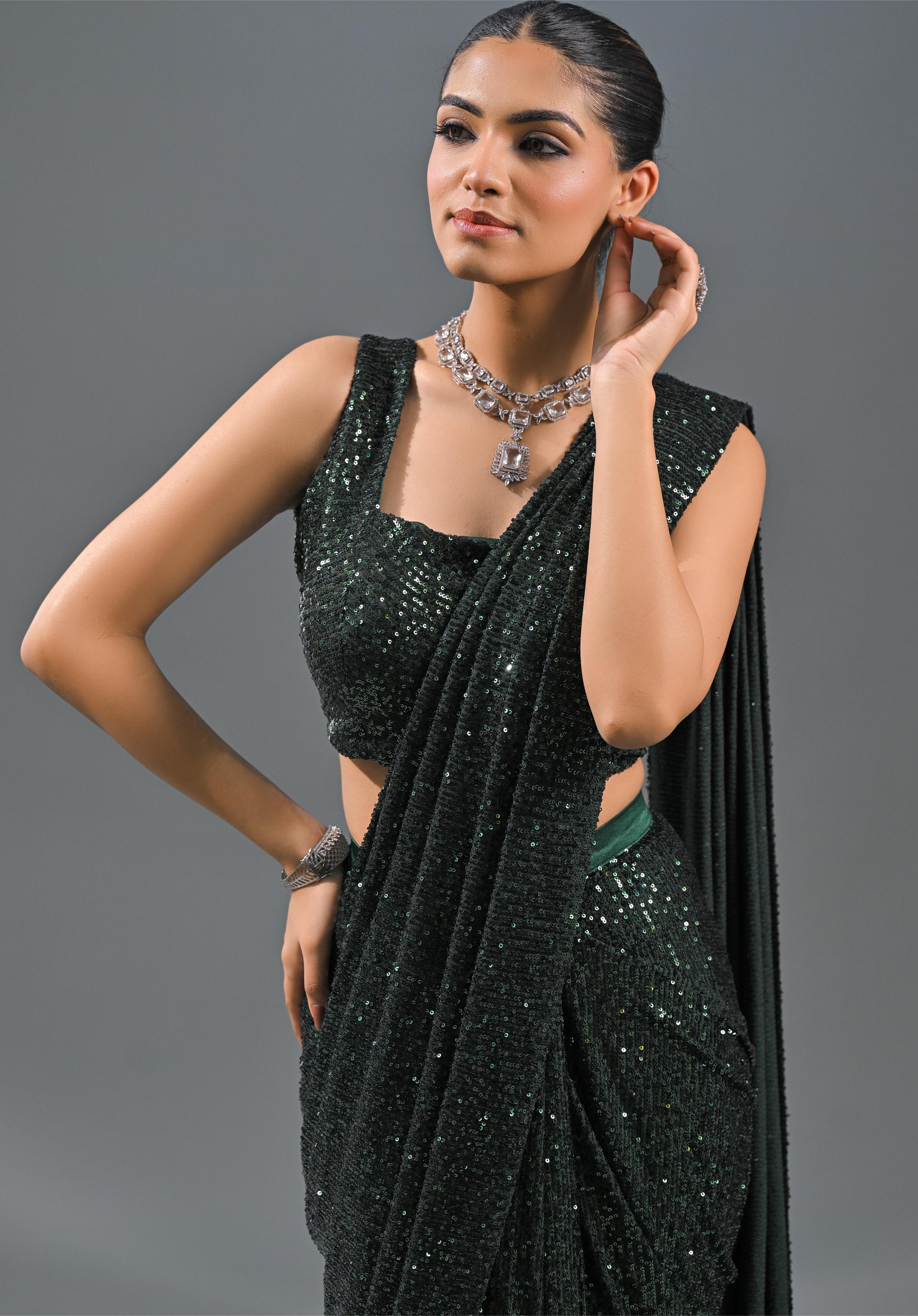 Green Sequin Embellished Net Saree