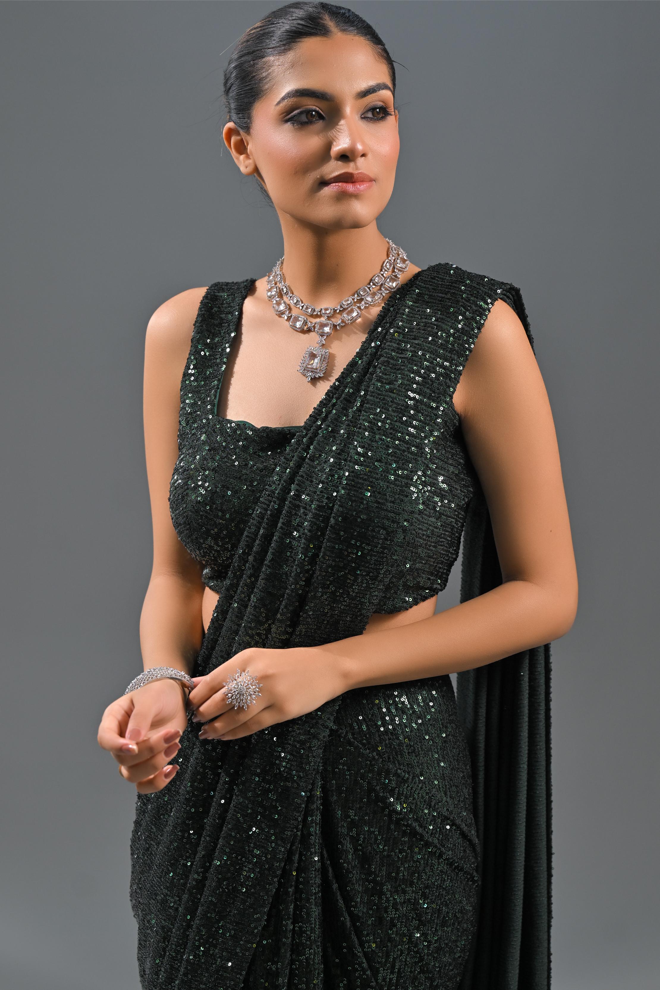 Green Sequin Embellished Net Saree