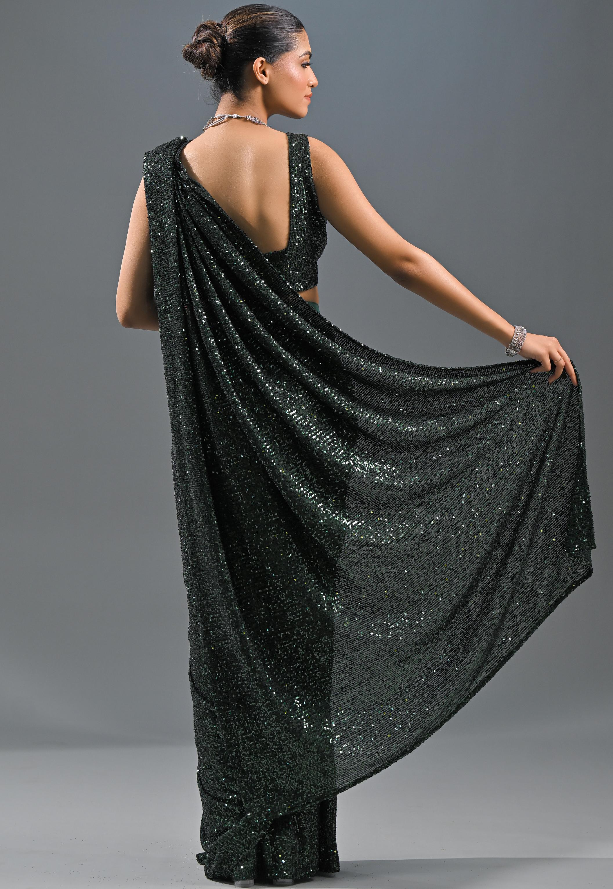 Green Sequin Embellished Net Saree