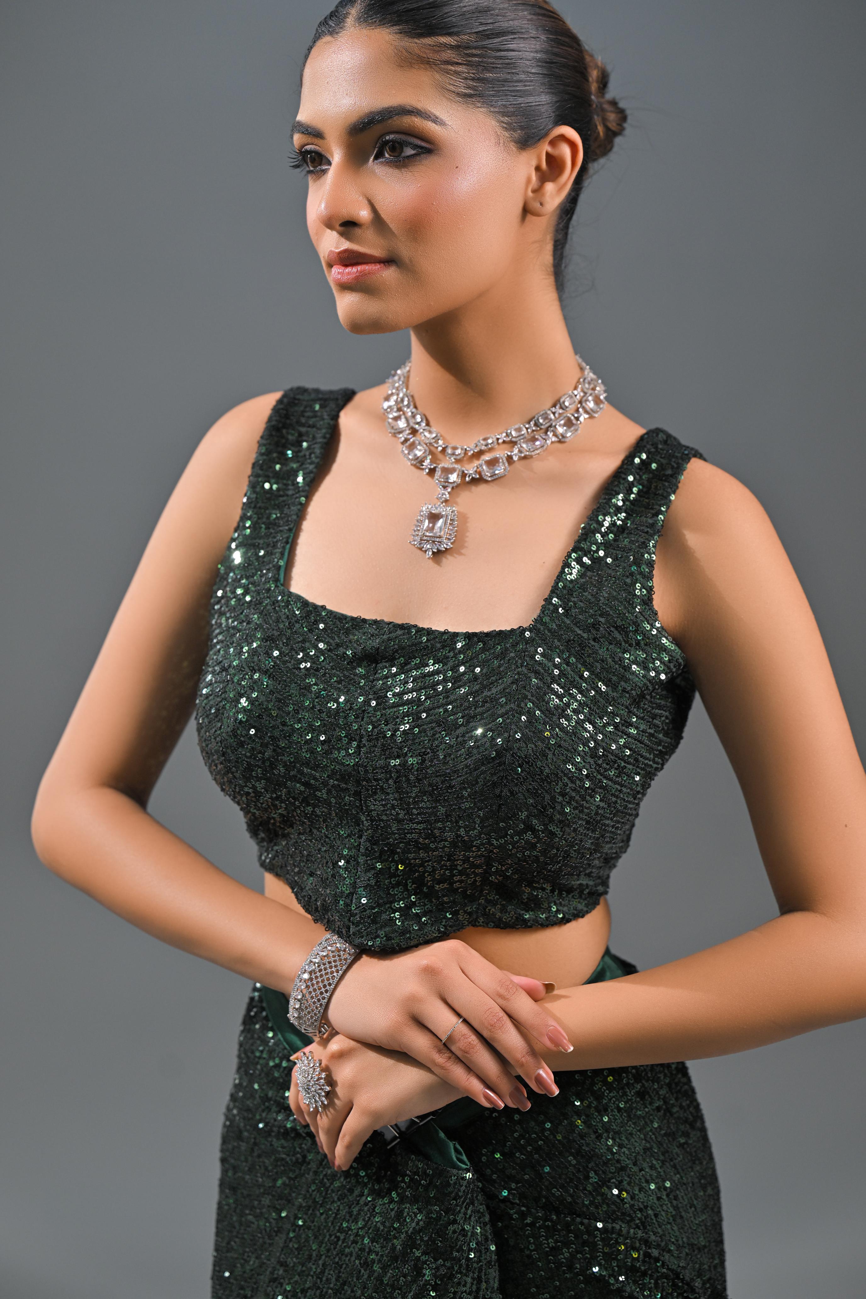 Green Sequin Embellished Net Saree