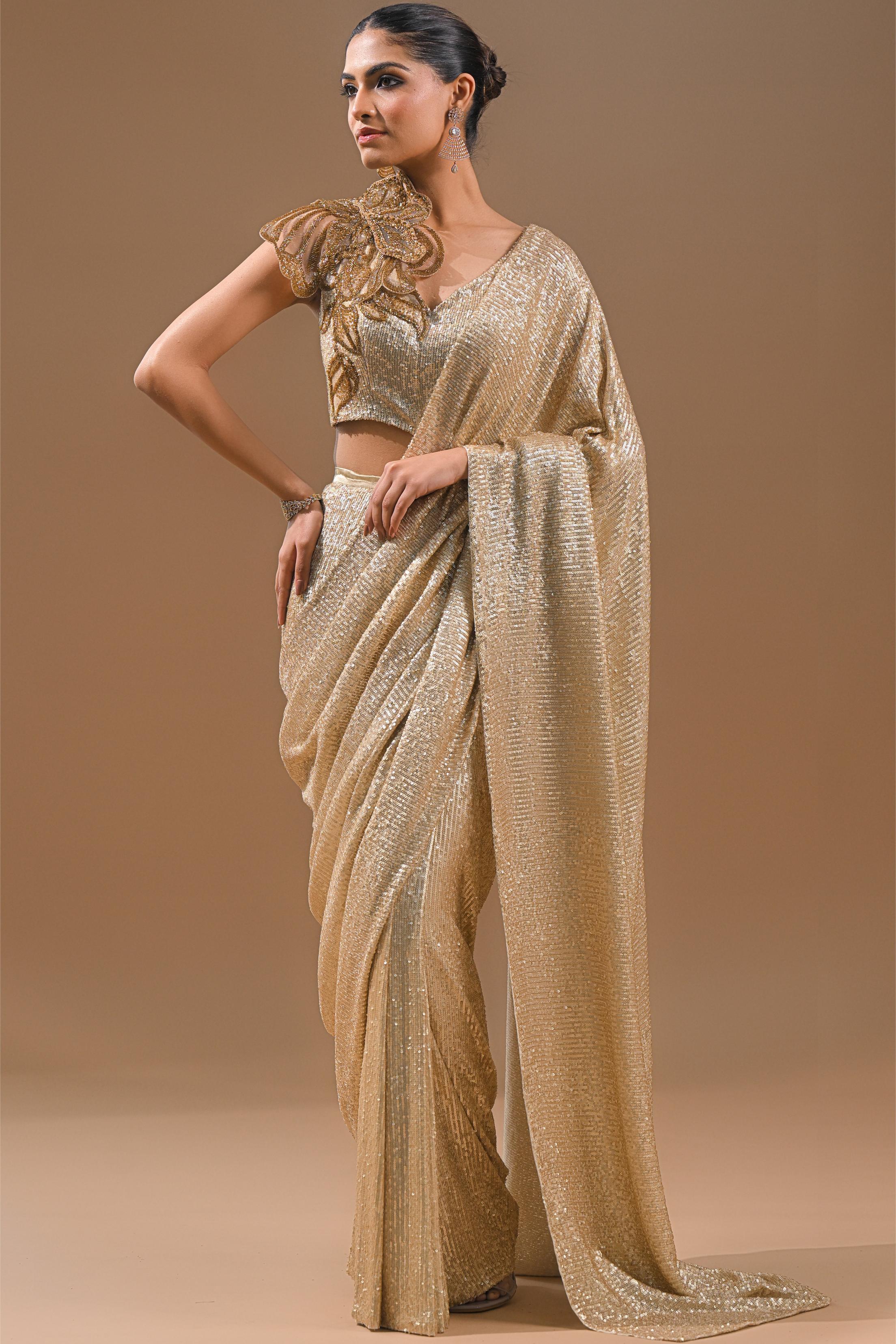 Gold Sequin Embellished Net Saree