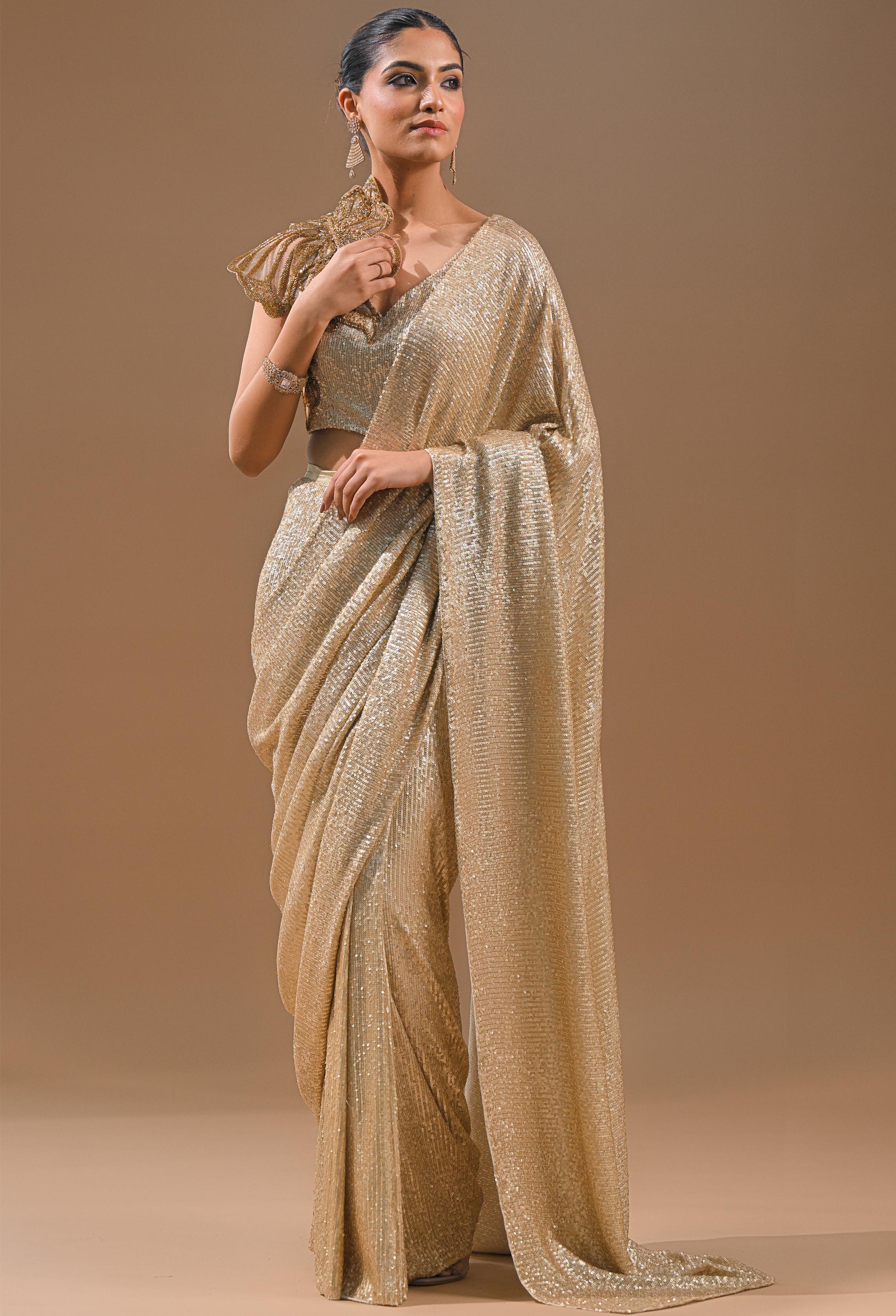 Gold Sequin Embellished Net Saree