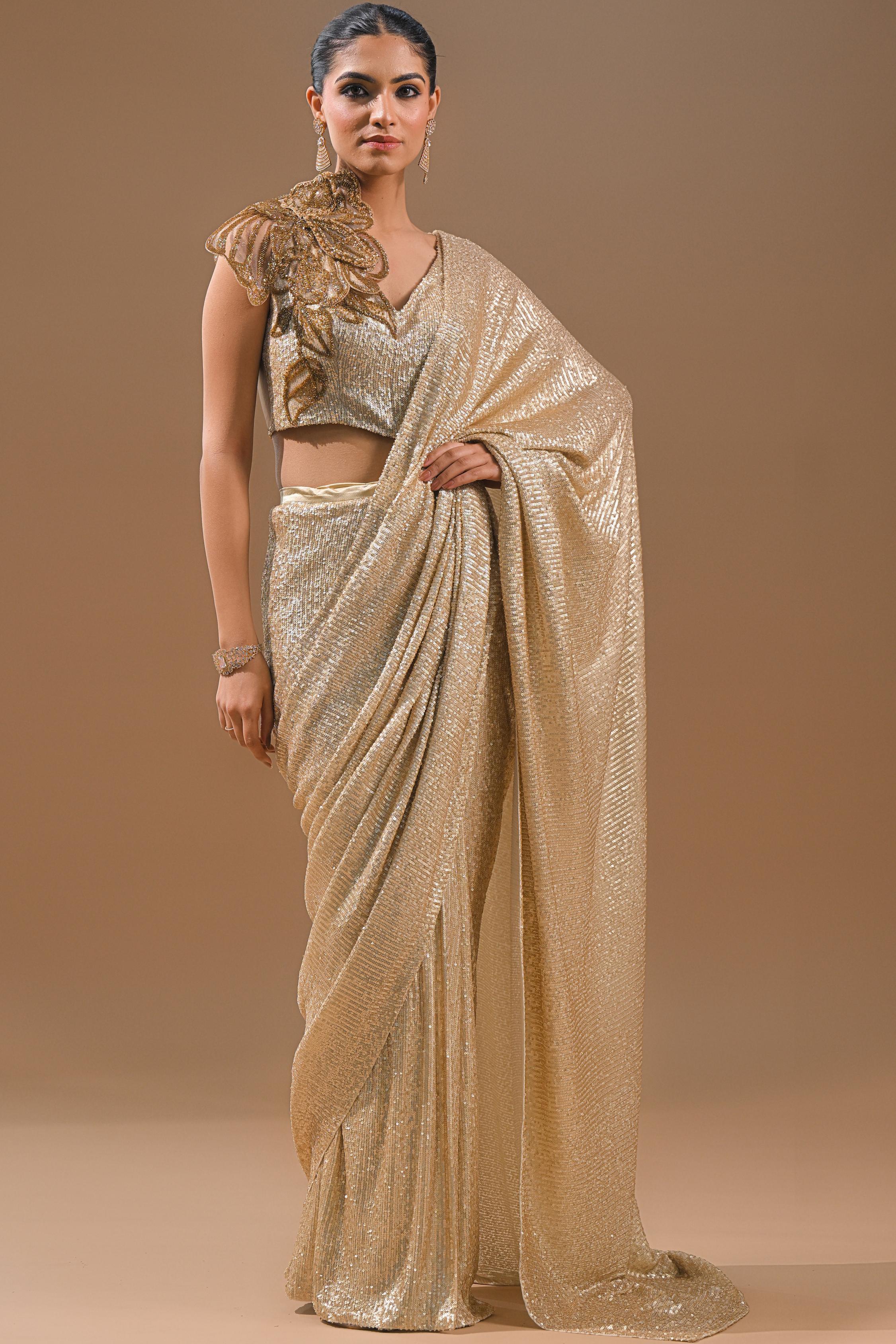 Gold Sequin Embellished Net Saree