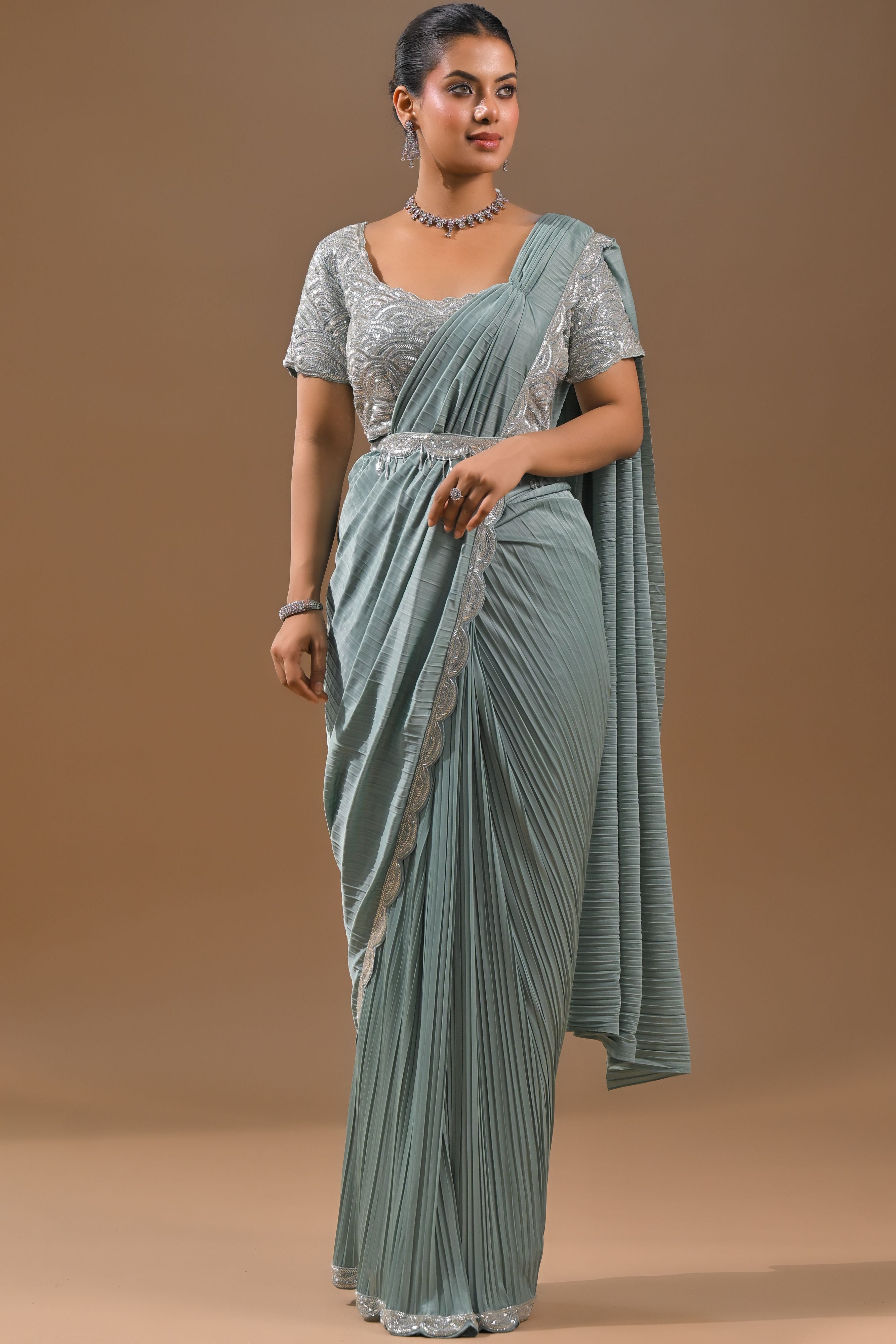 Light Blue Embellished Pleated Saree