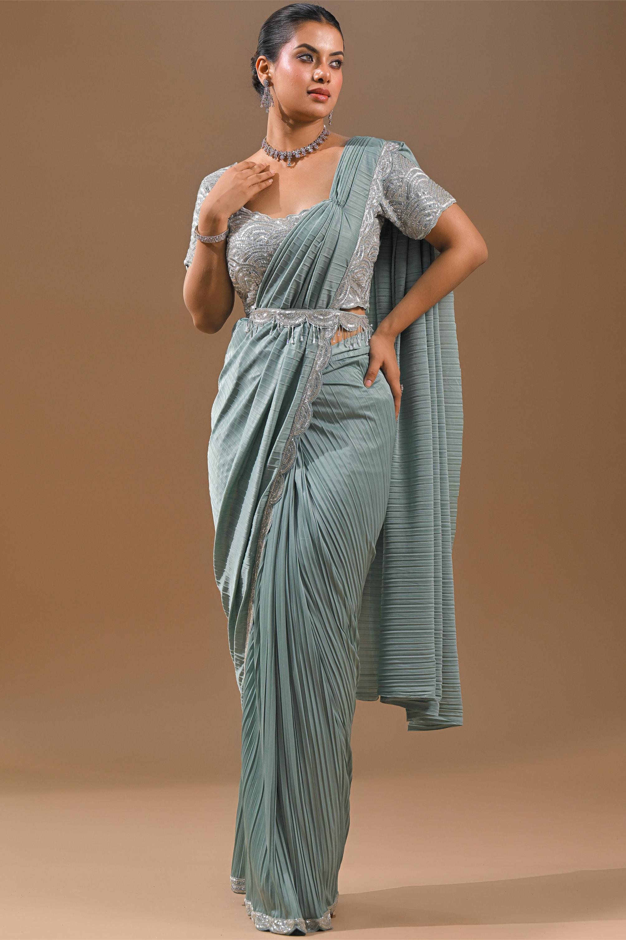 Light Blue Embellished Pleated Saree
