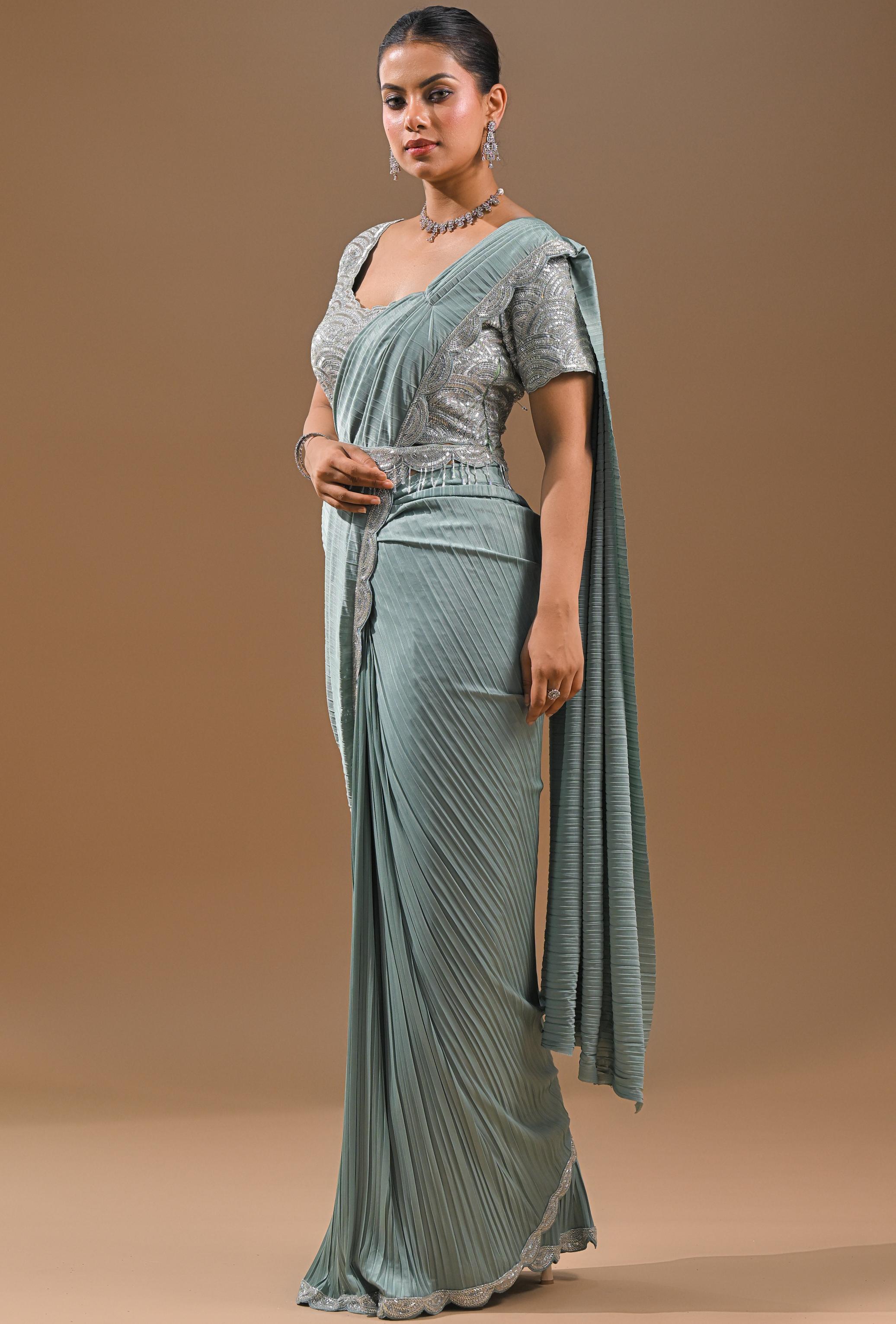 Light Blue Embellished Pleated Saree