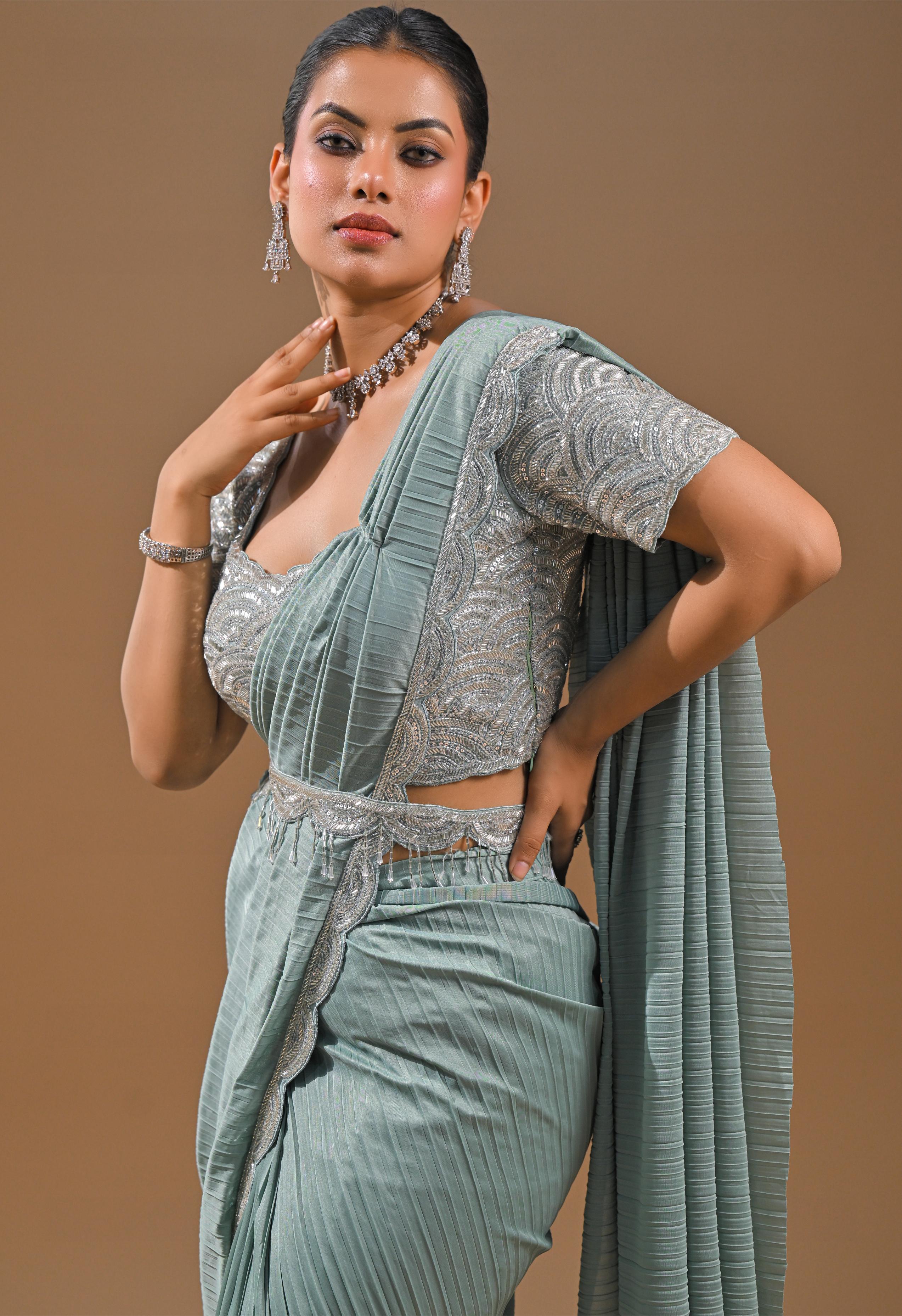 Light Blue Embellished Pleated Saree