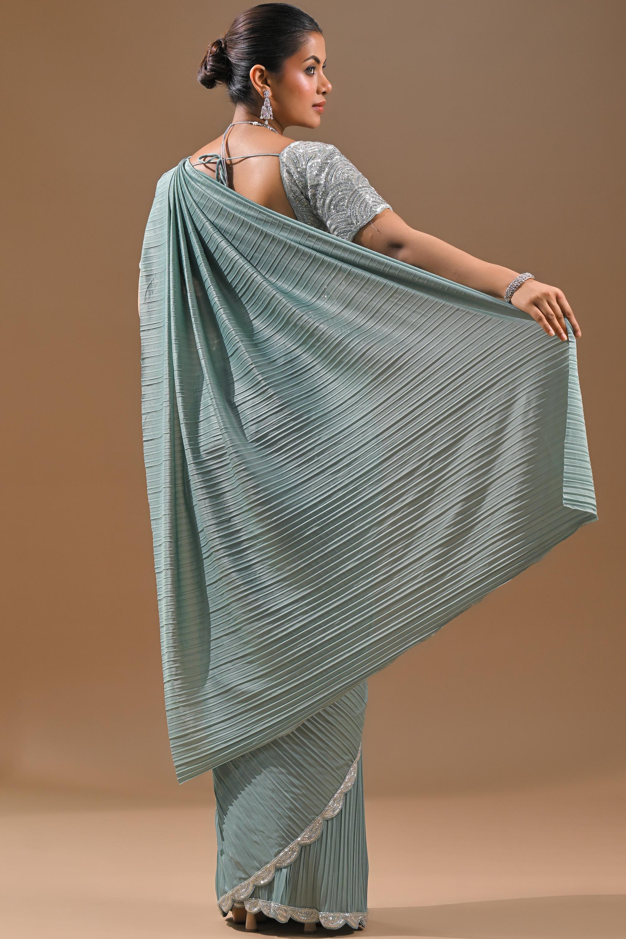 Light Blue Embellished Pleated Saree