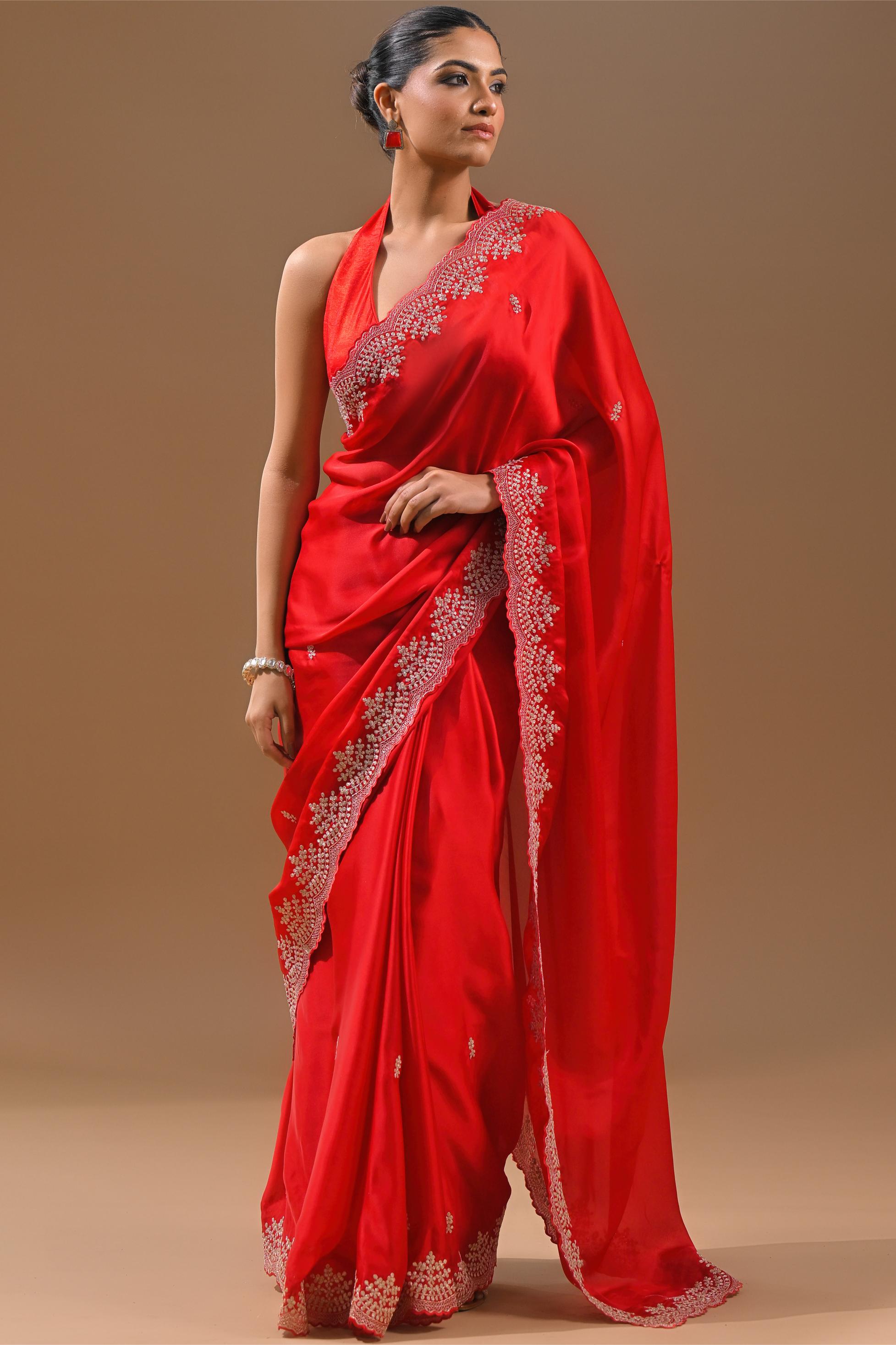 Hot Red Embellished Butter Silk Saree