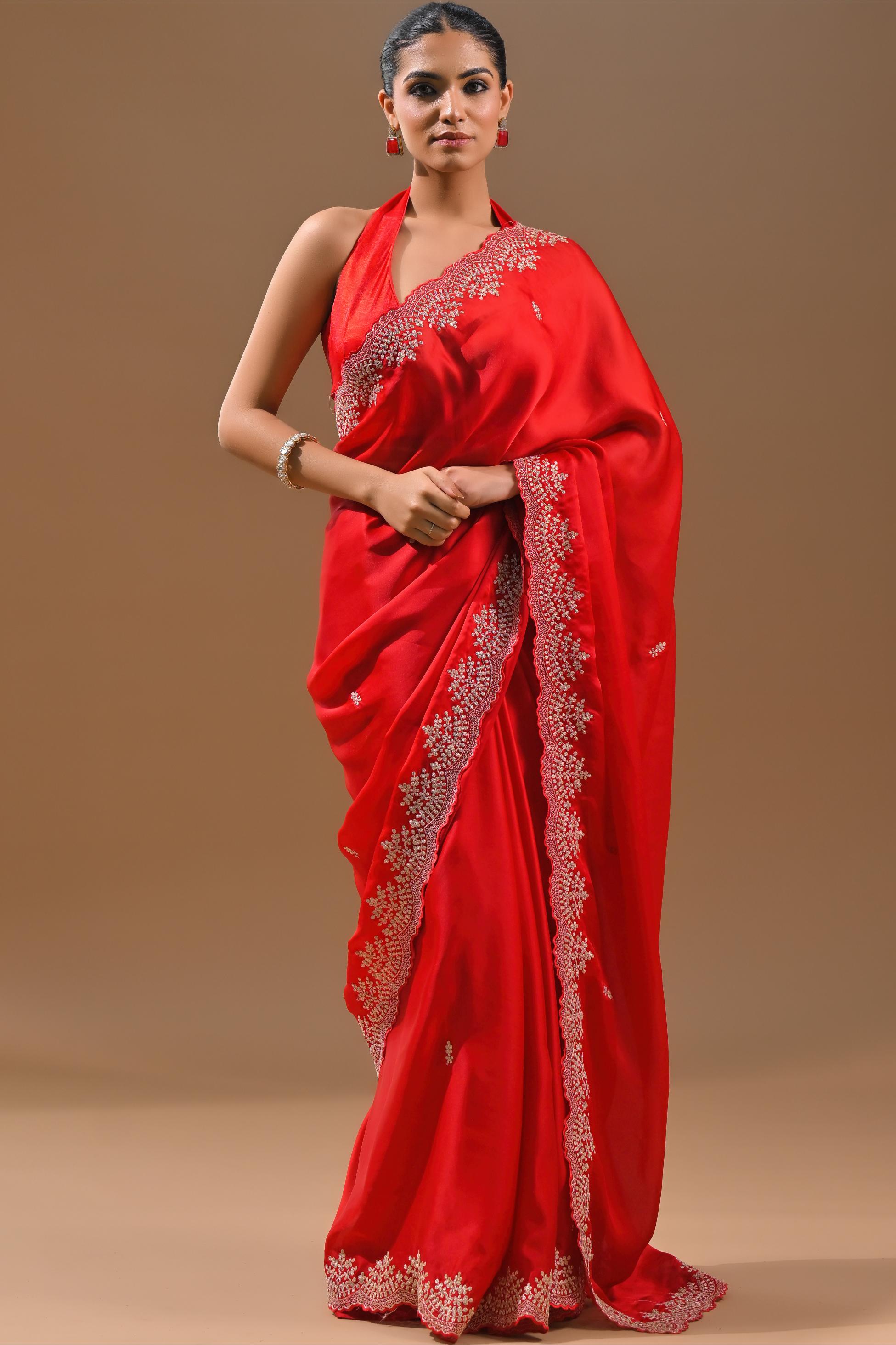 Hot Red Embellished Butter Silk Saree