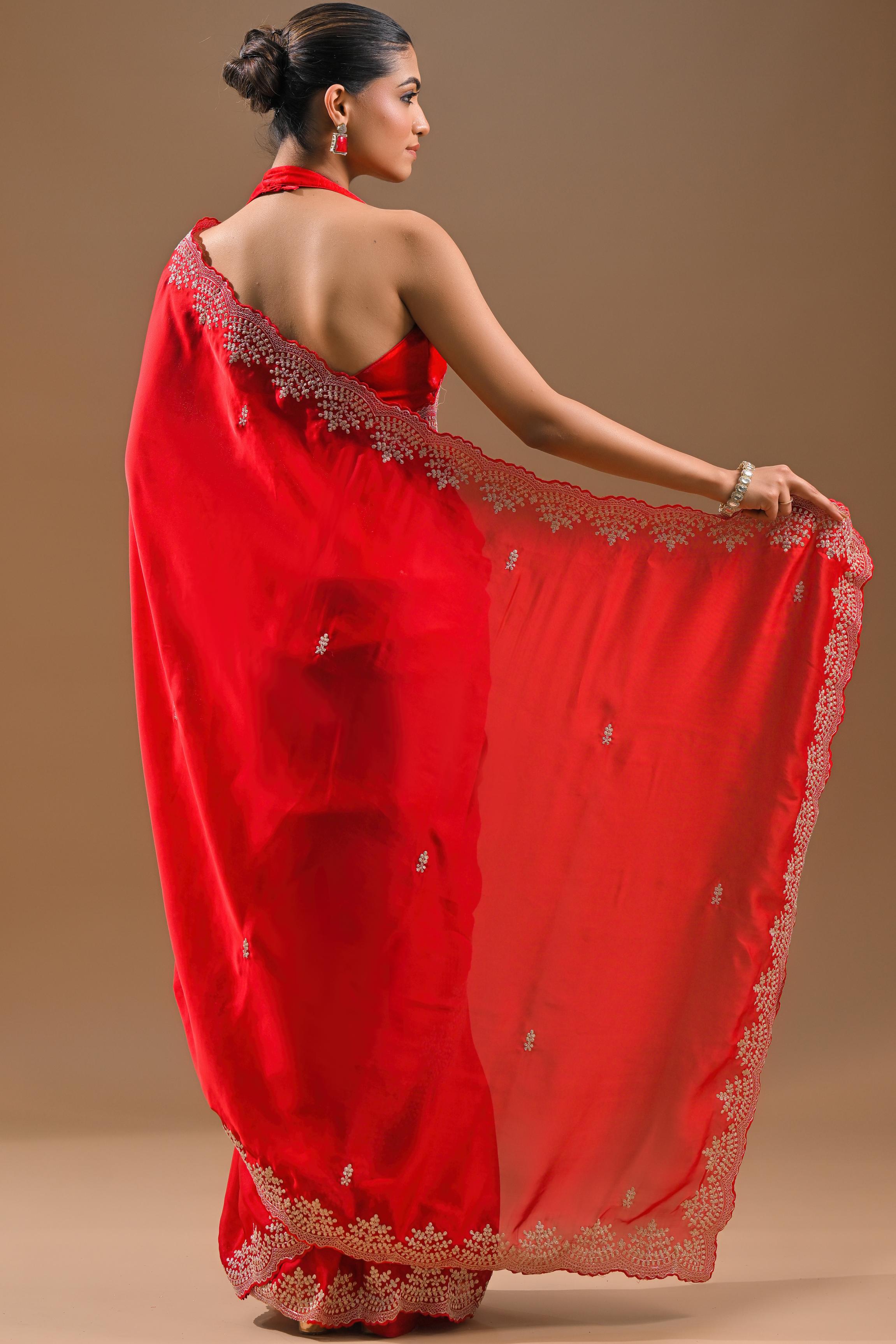 Hot Red Embellished Butter Silk Saree
