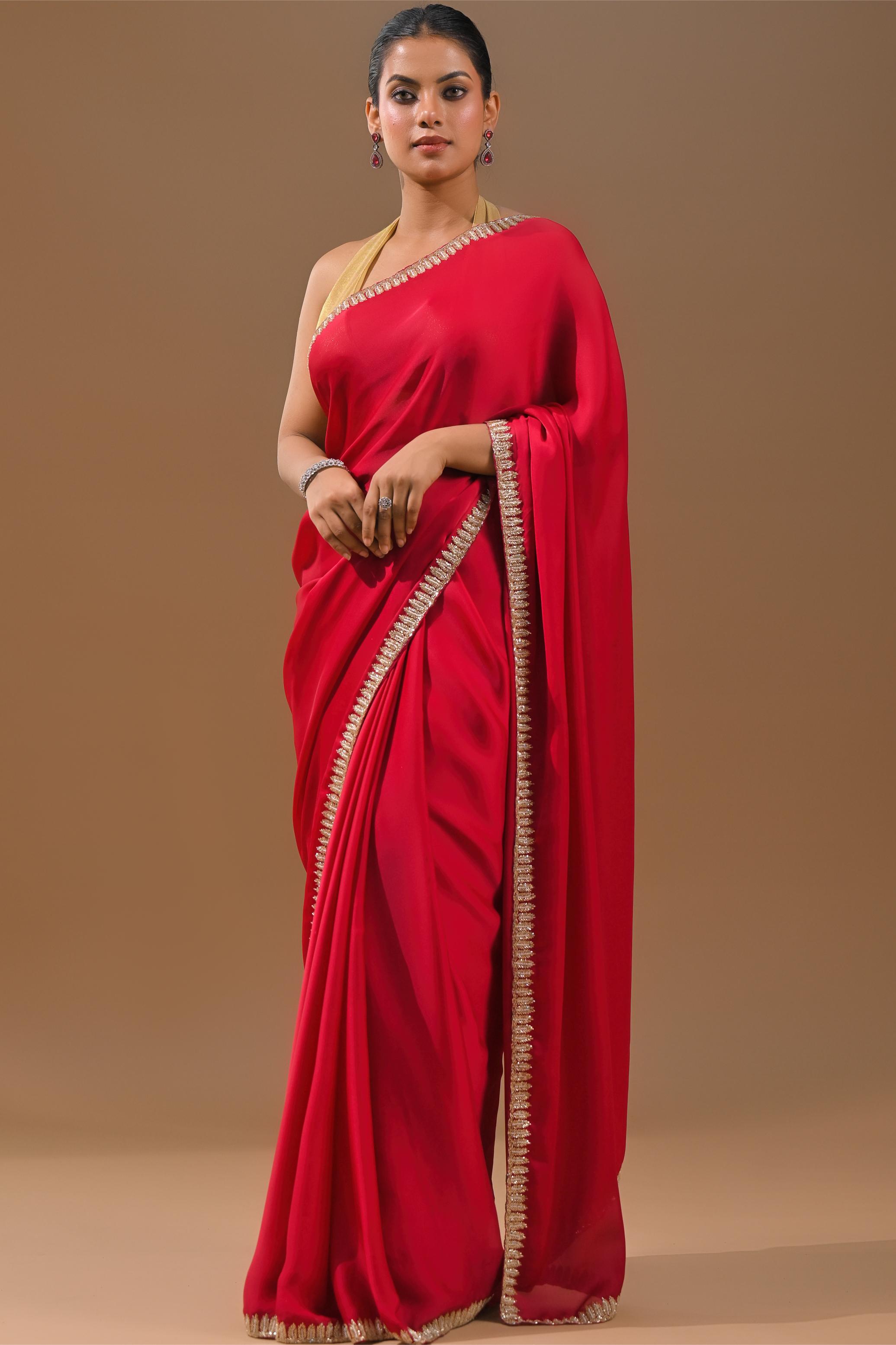 Red Embellished Satin Silk Saree
