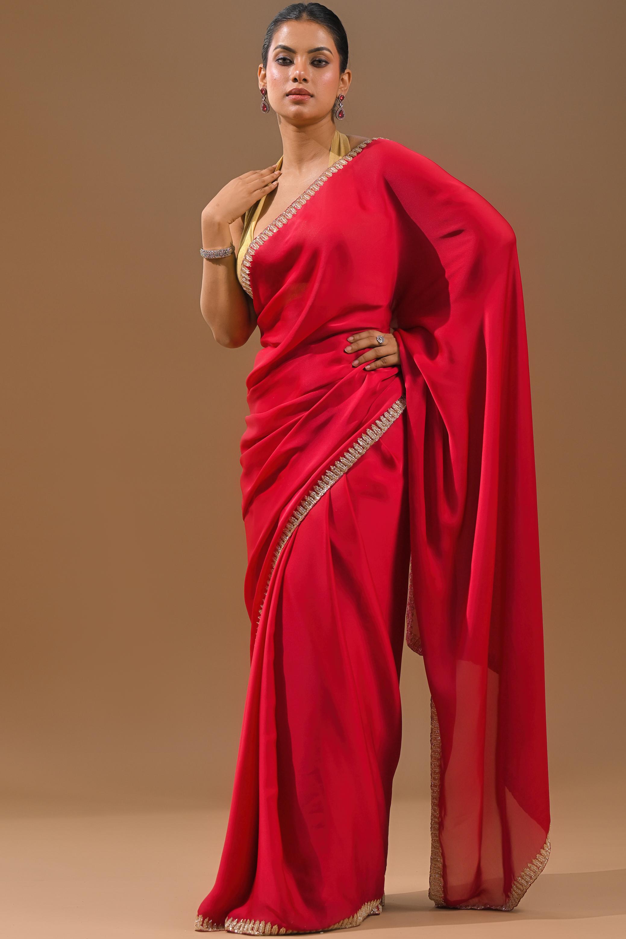 Red Embellished Satin Silk Saree