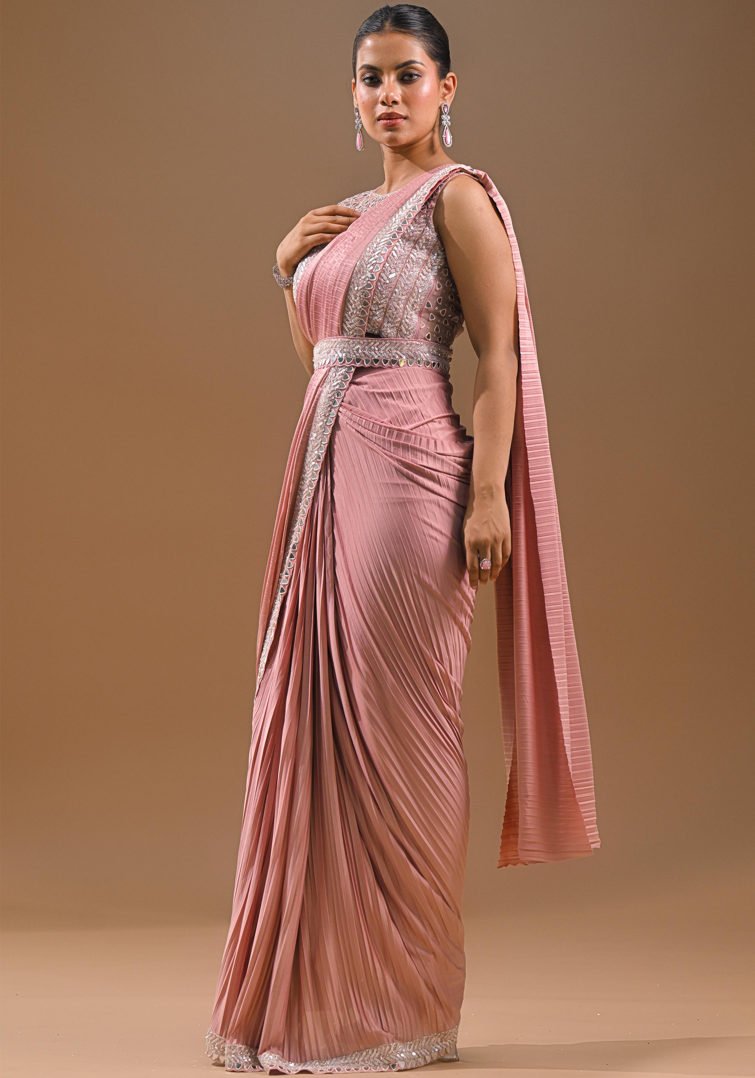 Soft Pink Embellished Pleated Saree