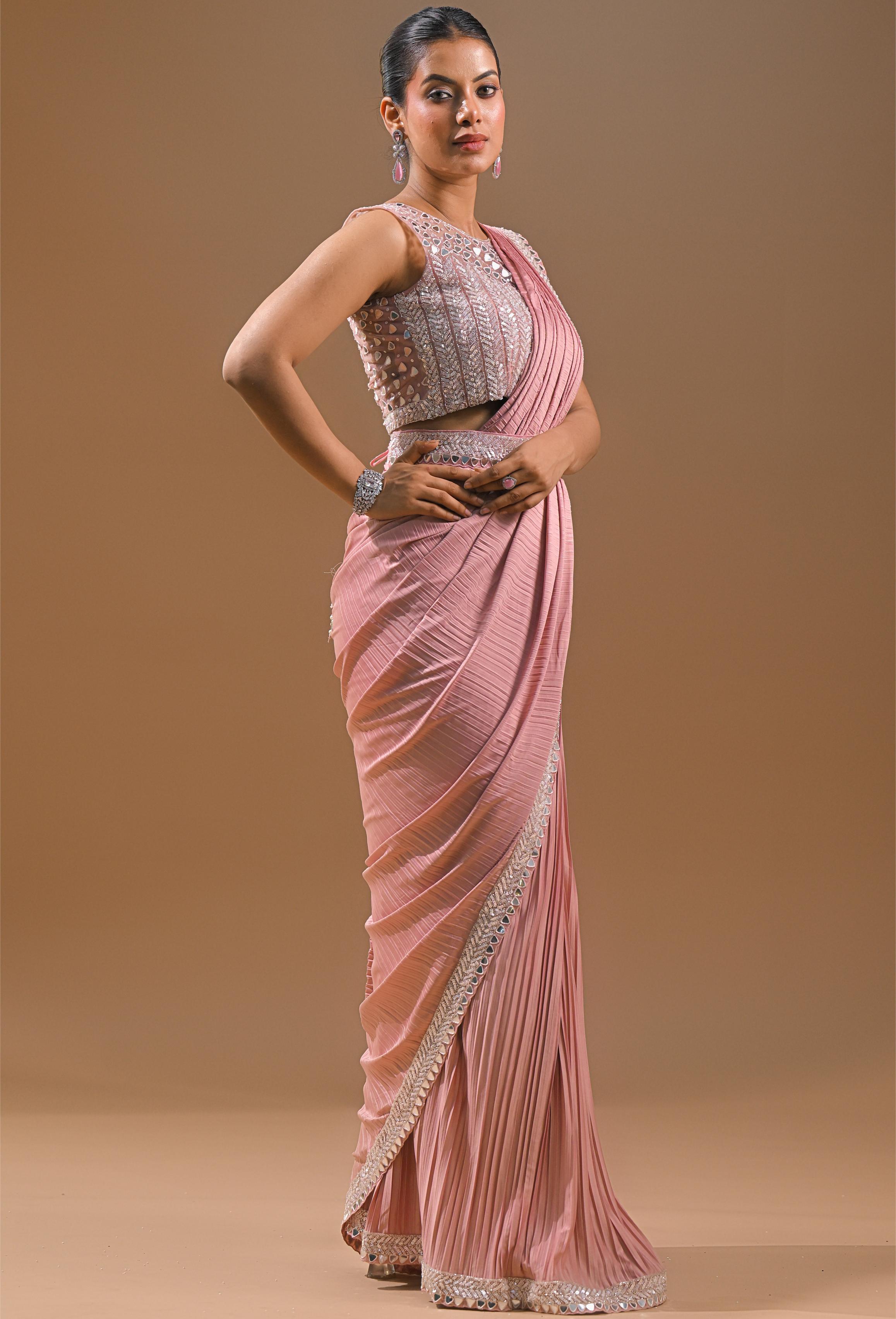 Soft Pink Embellished Pleated Saree