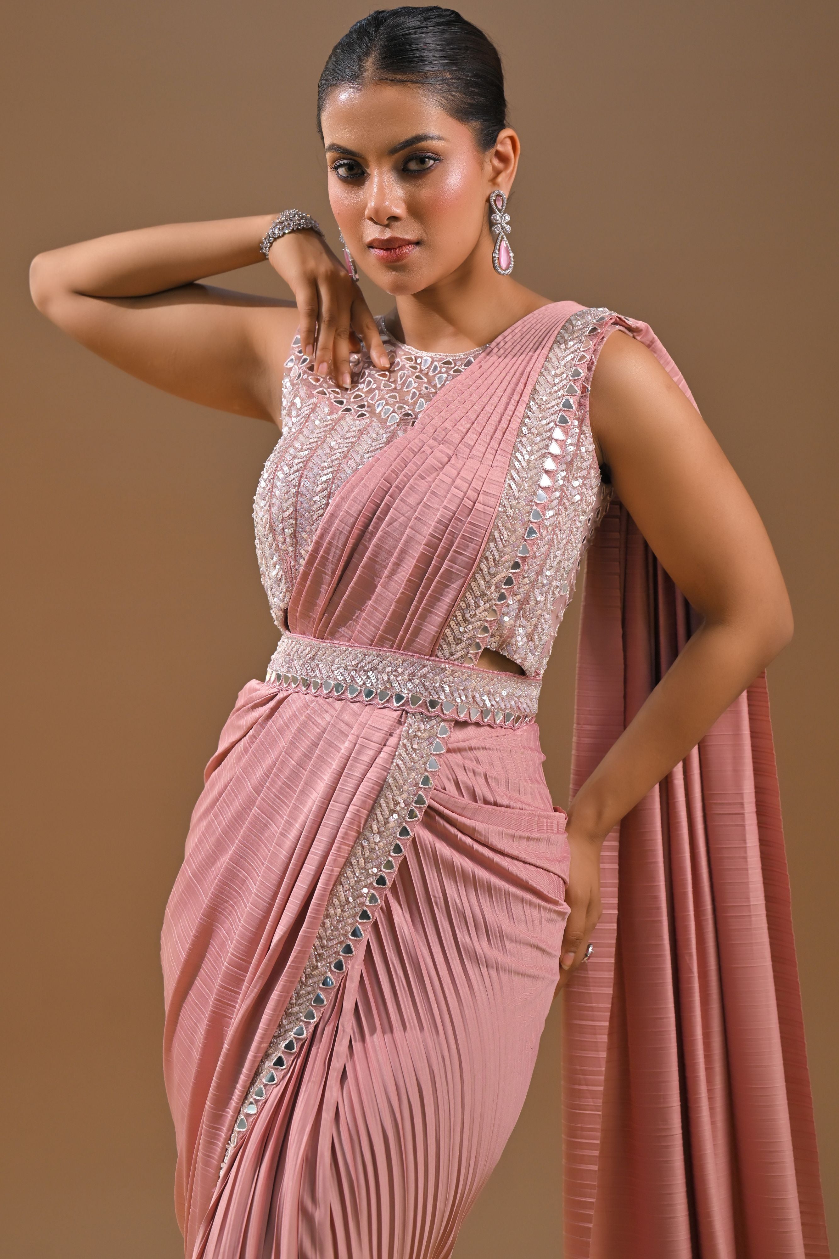 Soft Pink Embellished Pleated Saree