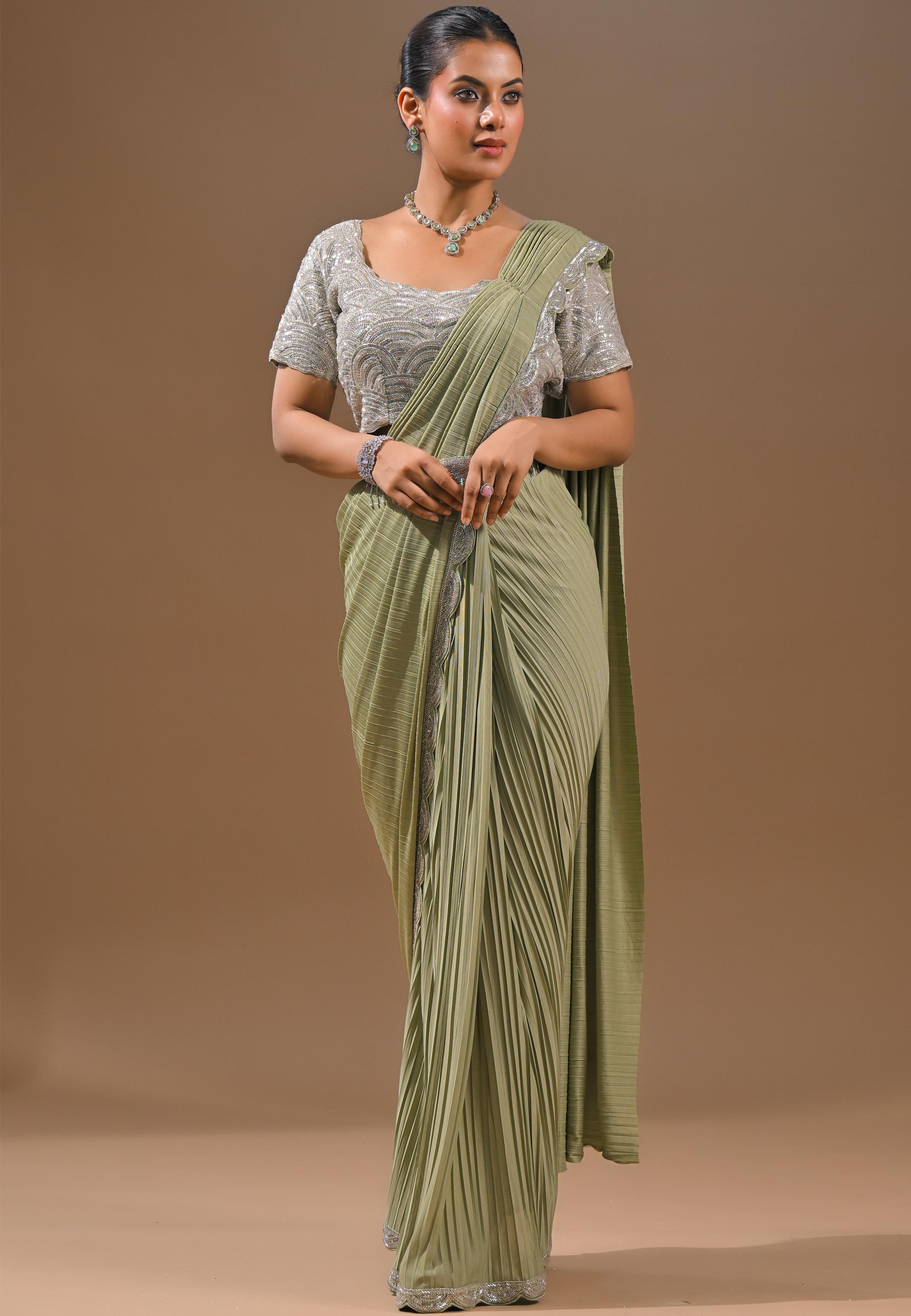 Pastel Green Embellished Pleated Saree