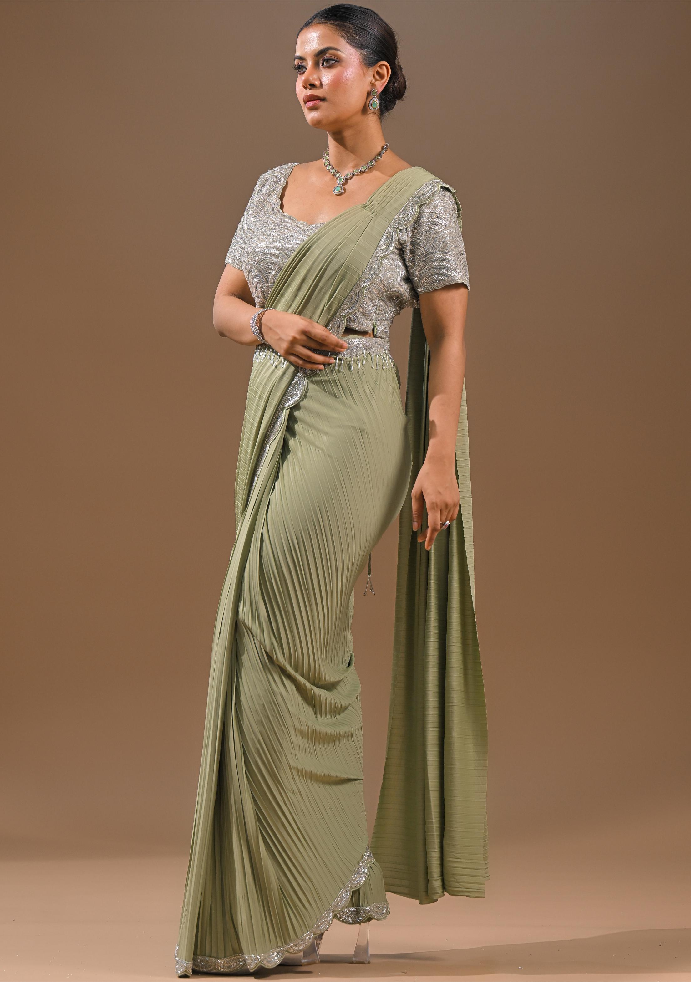 Pastel Green Embellished Pleated Saree