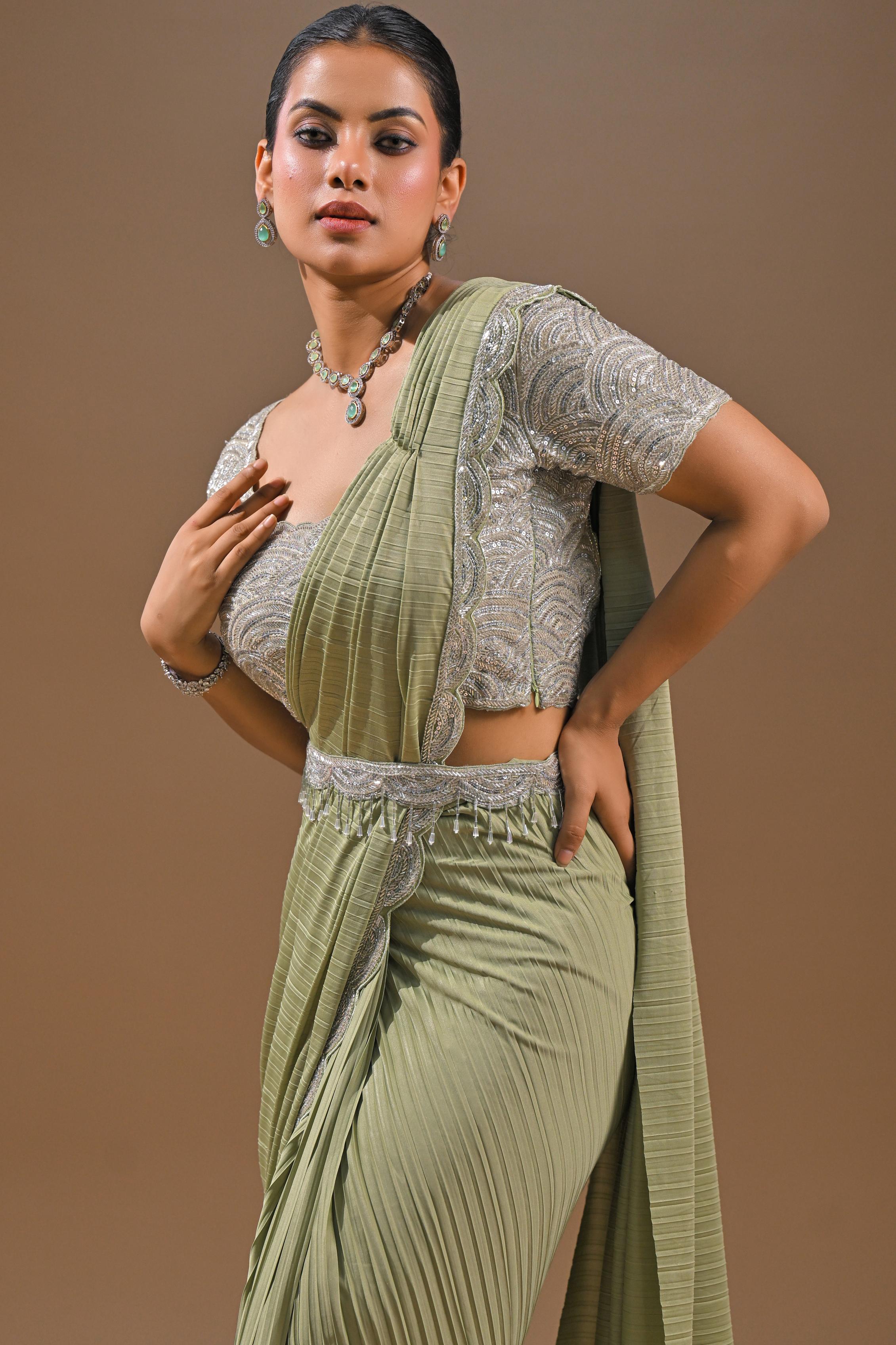 Pastel Green Embellished Pleated Saree