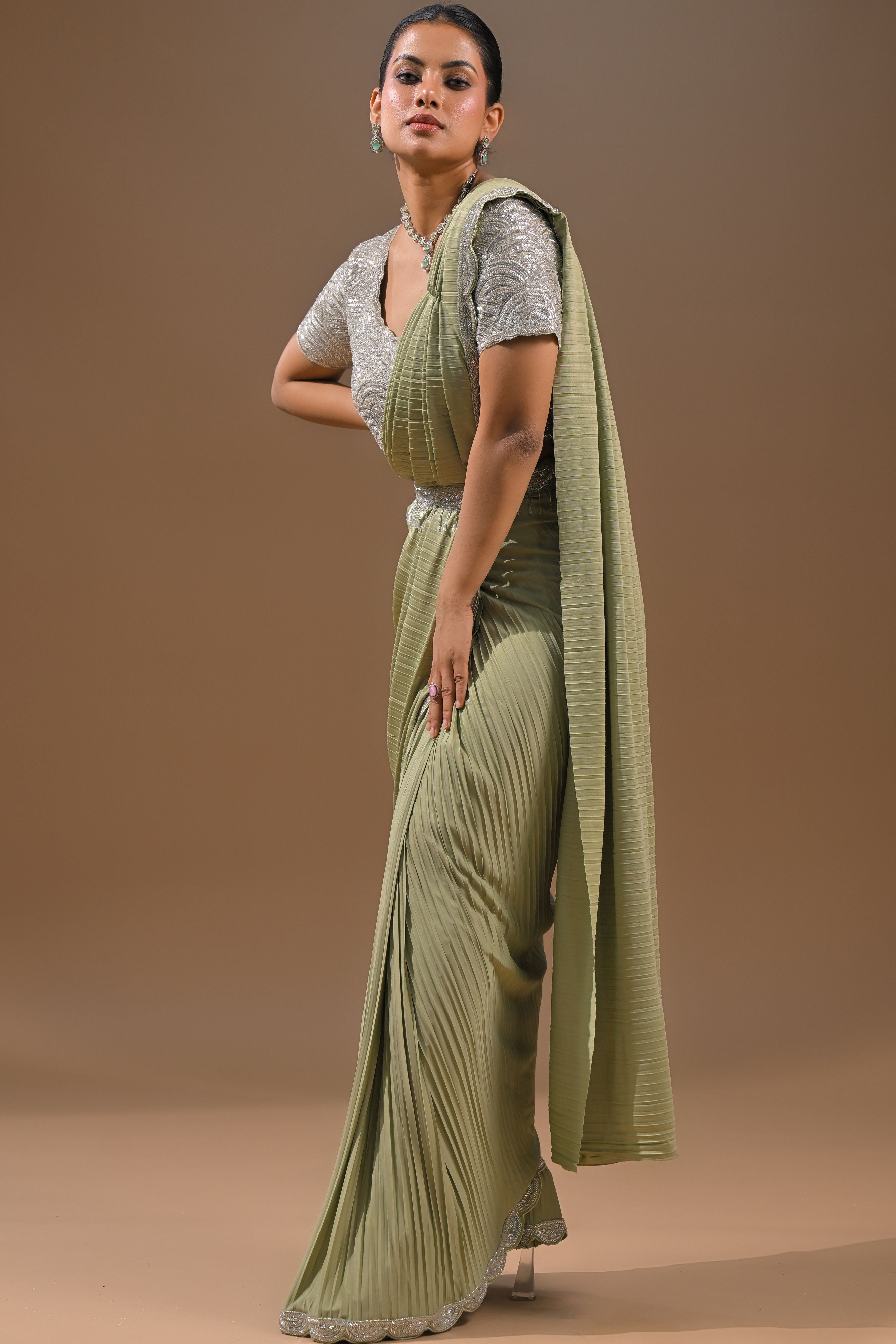Pastel Green Embellished Pleated Saree