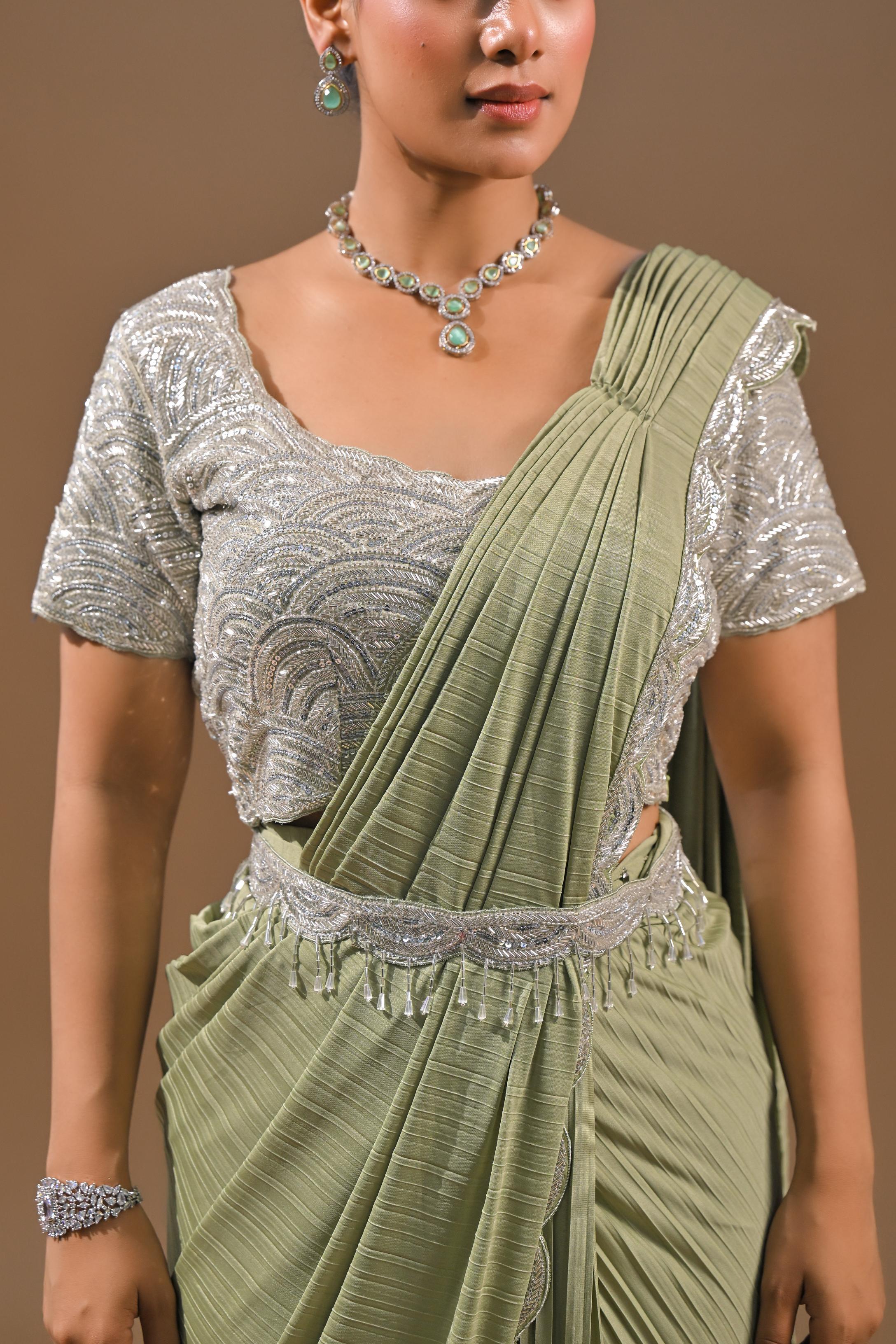 Pastel Green Embellished Pleated Saree