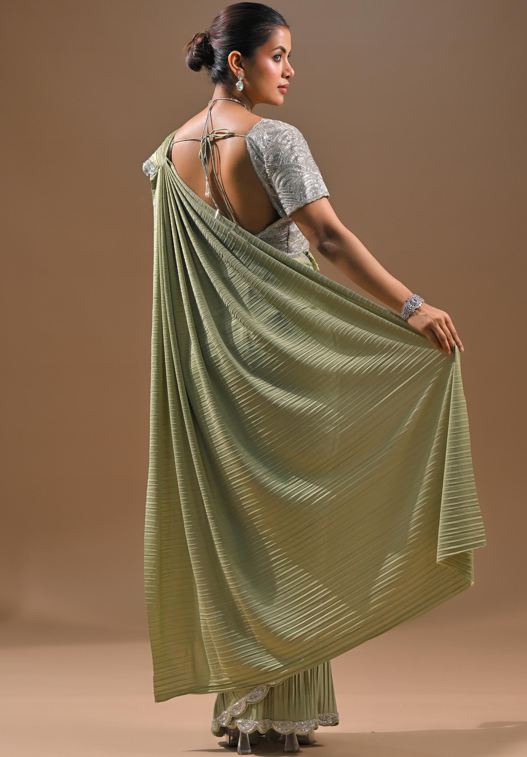 Pastel Green Embellished Pleated Saree