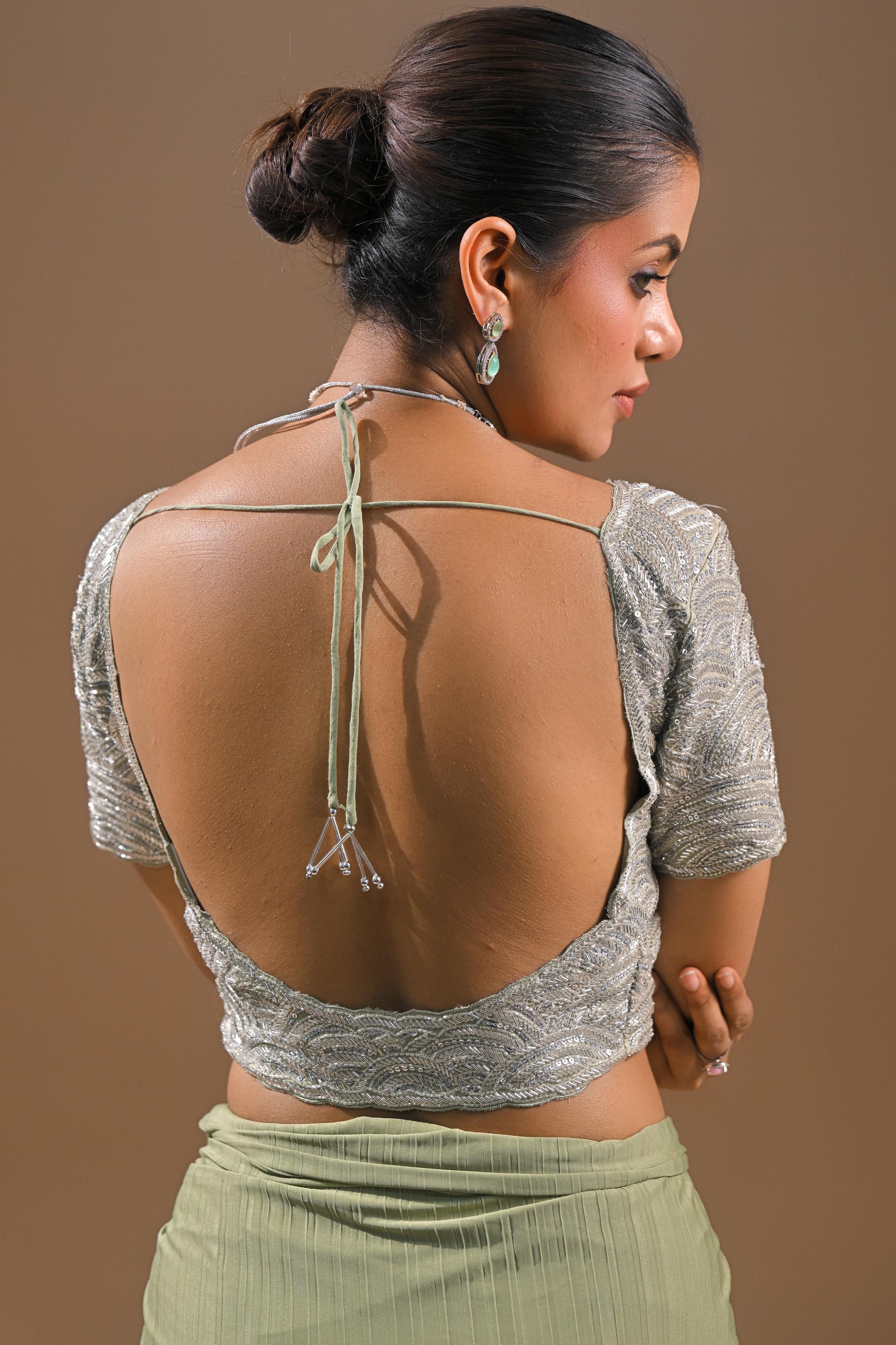 Pastel Green Embellished Pleated Saree