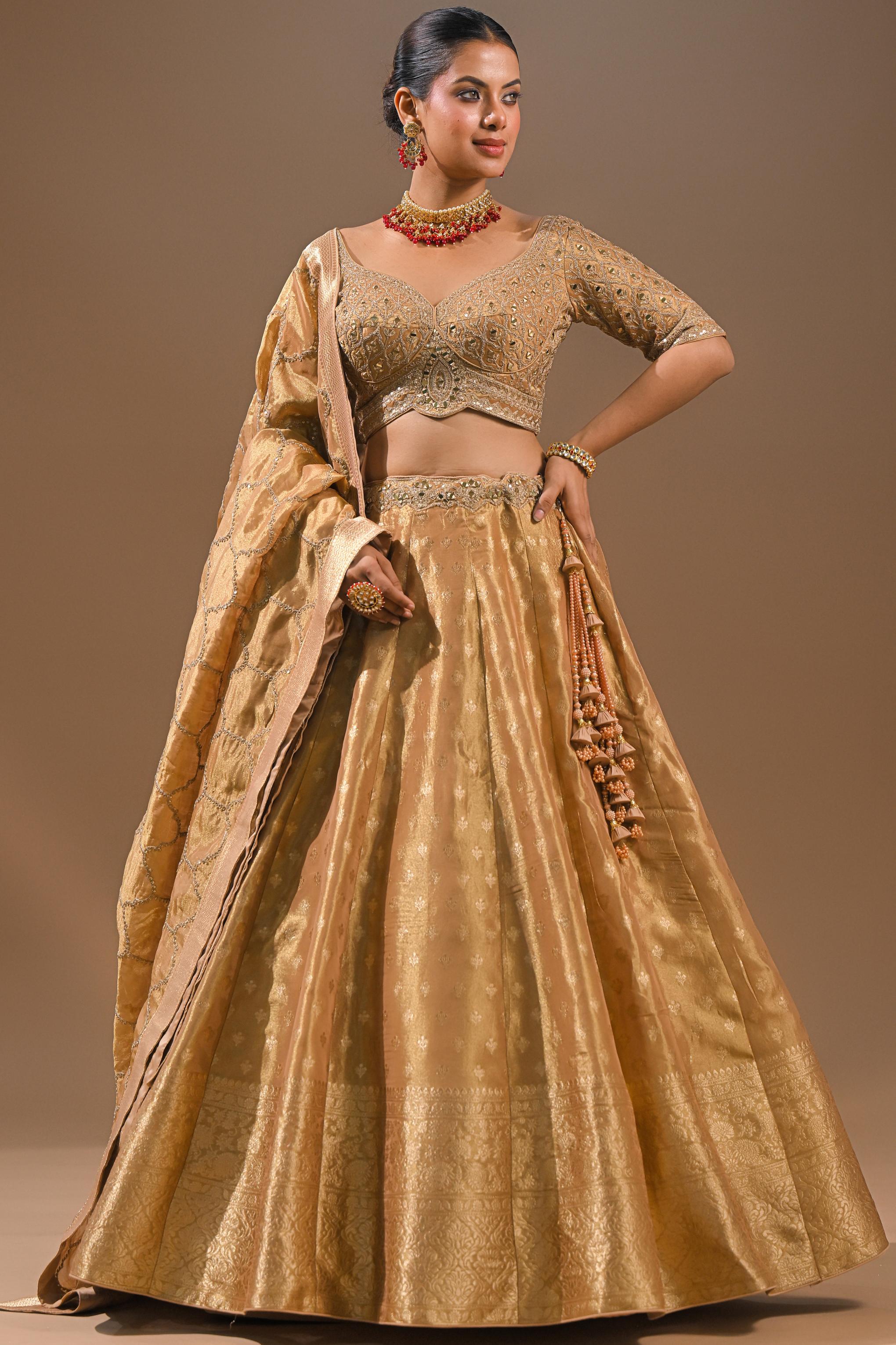 Golden Embroidered Brocade Silk Lehenga Set