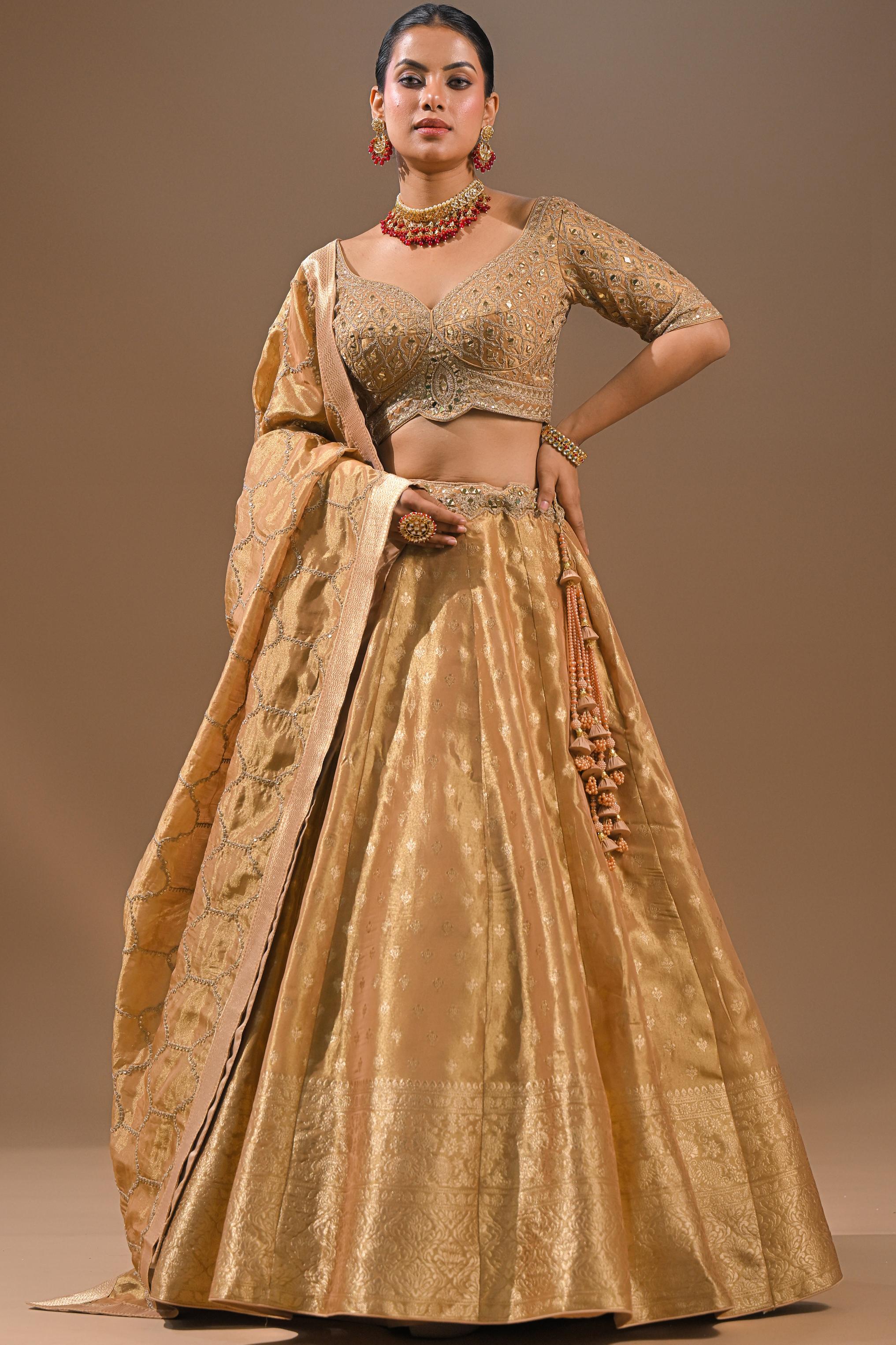 Golden Embroidered Brocade Silk Lehenga Set