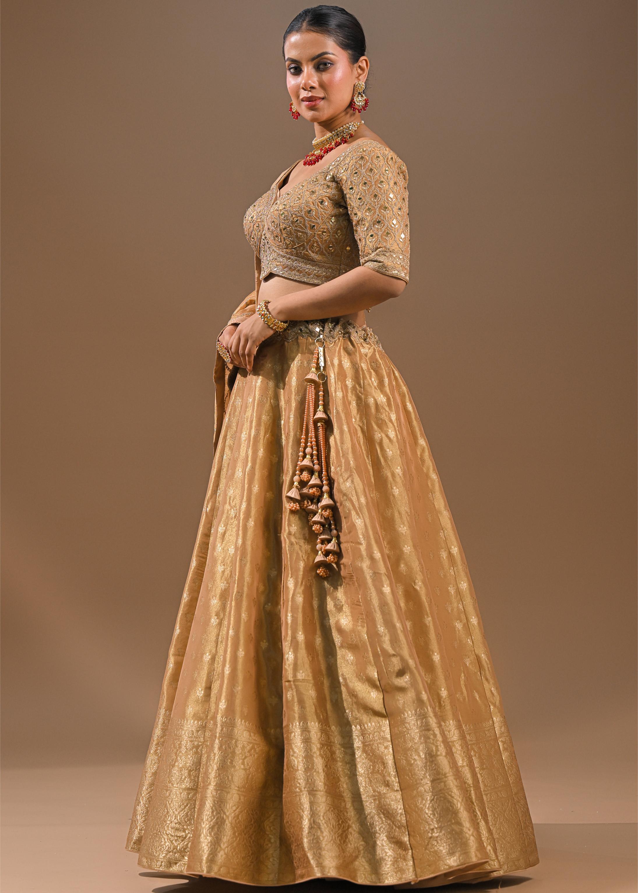 Golden Embroidered Brocade Silk Lehenga Set