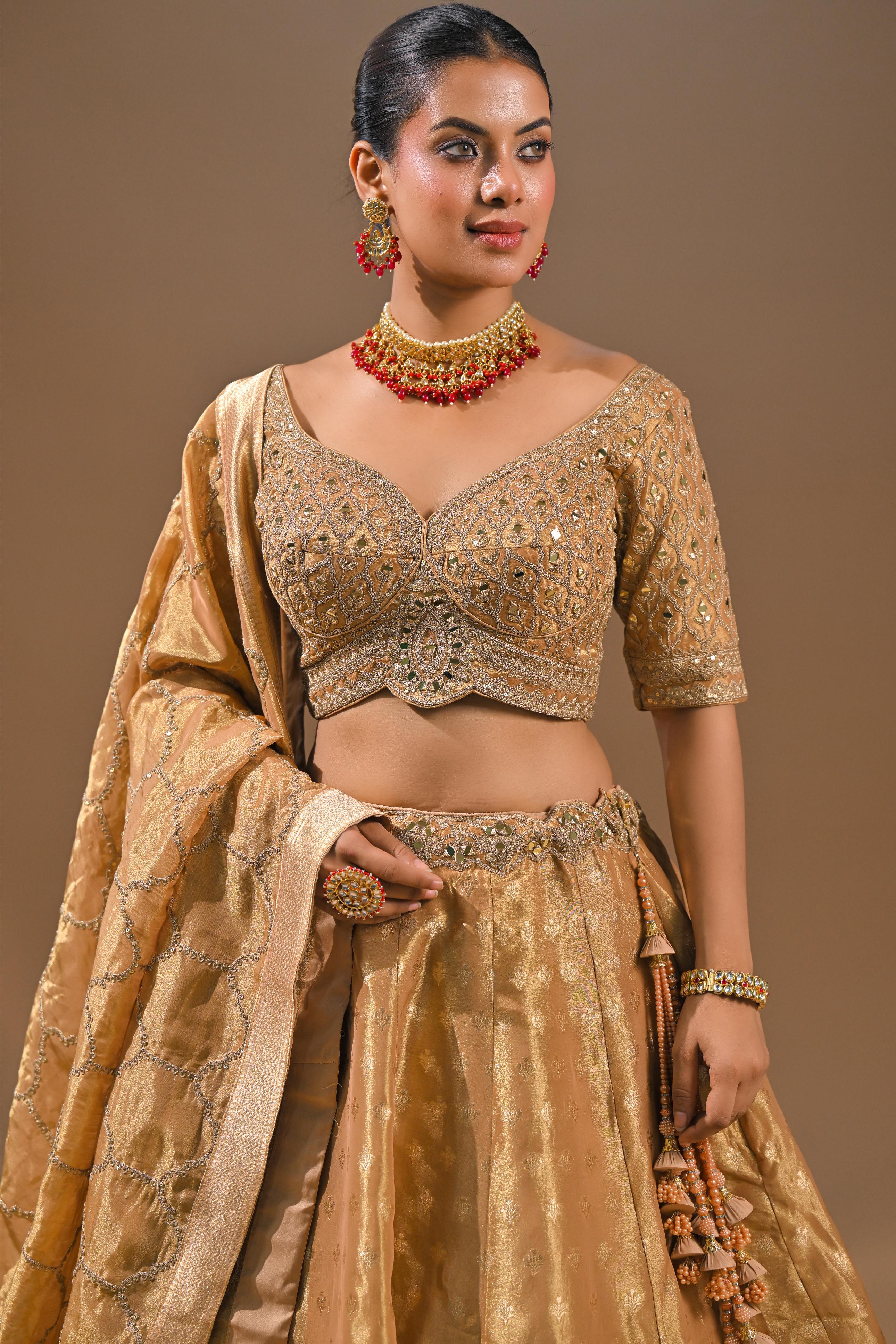 Golden Embroidered Brocade Silk Lehenga Set