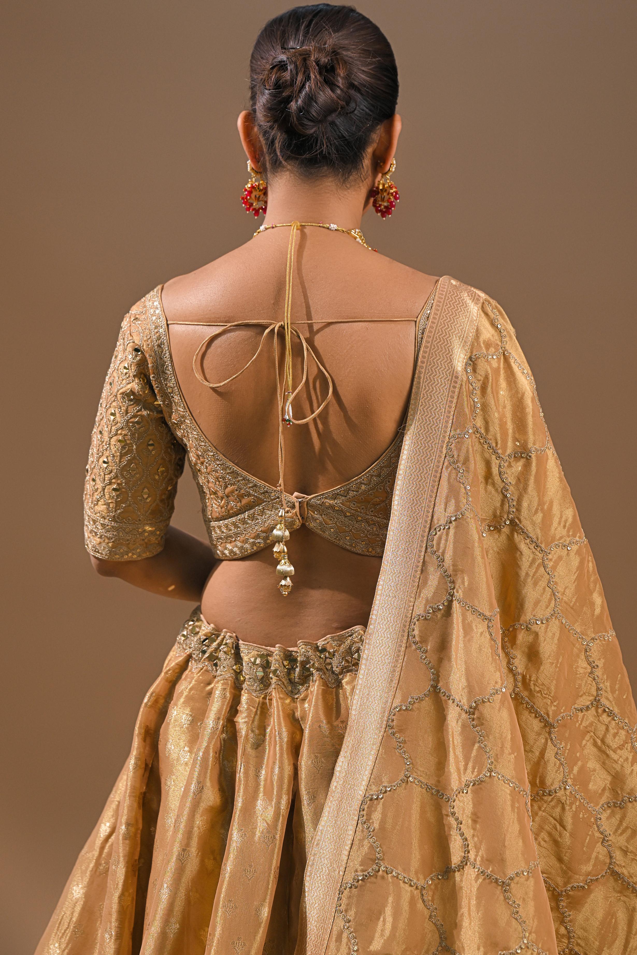 Golden Embroidered Brocade Silk Lehenga Set
