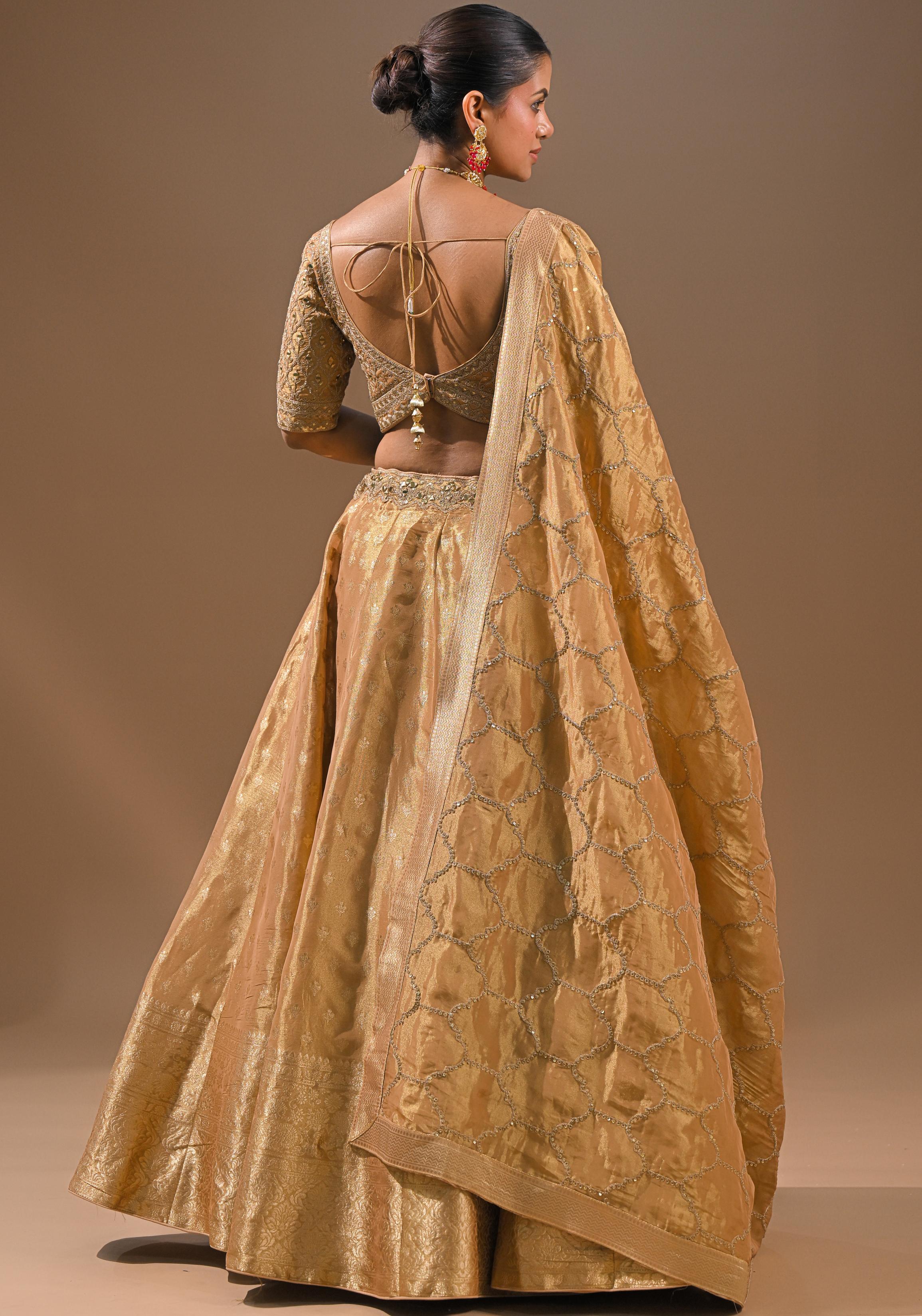 Golden Embroidered Brocade Silk Lehenga Set
