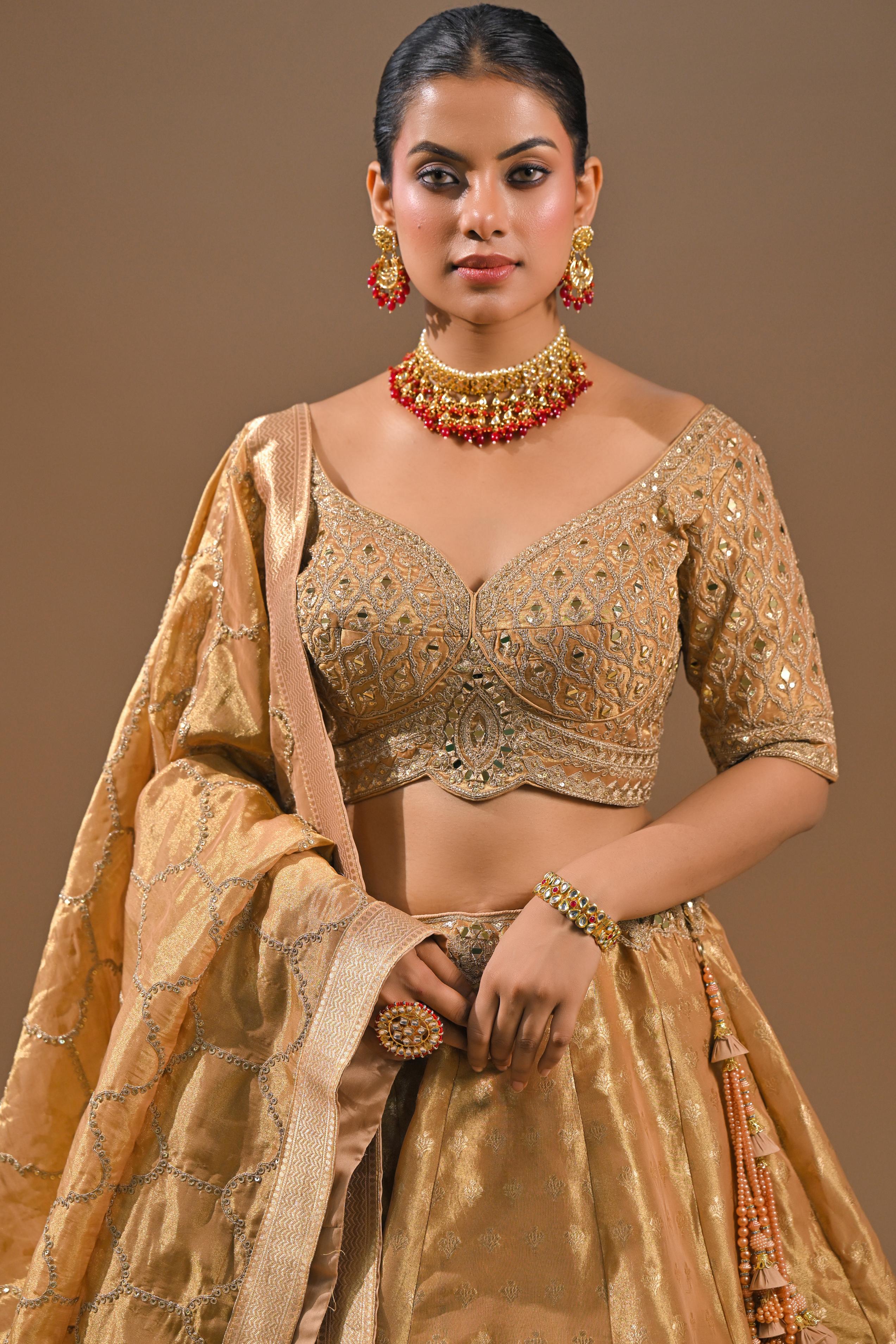 Golden Embroidered Brocade Silk Lehenga Set