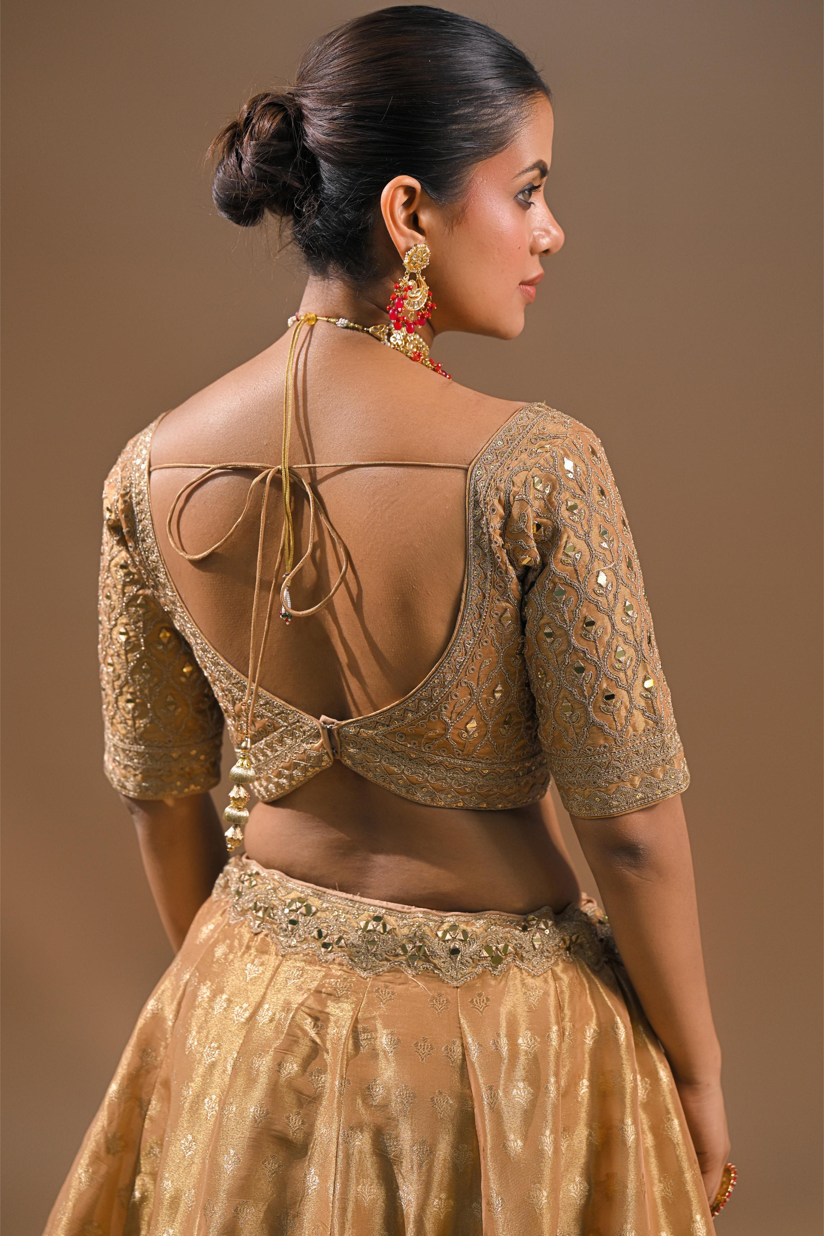 Golden Embroidered Brocade Silk Lehenga Set
