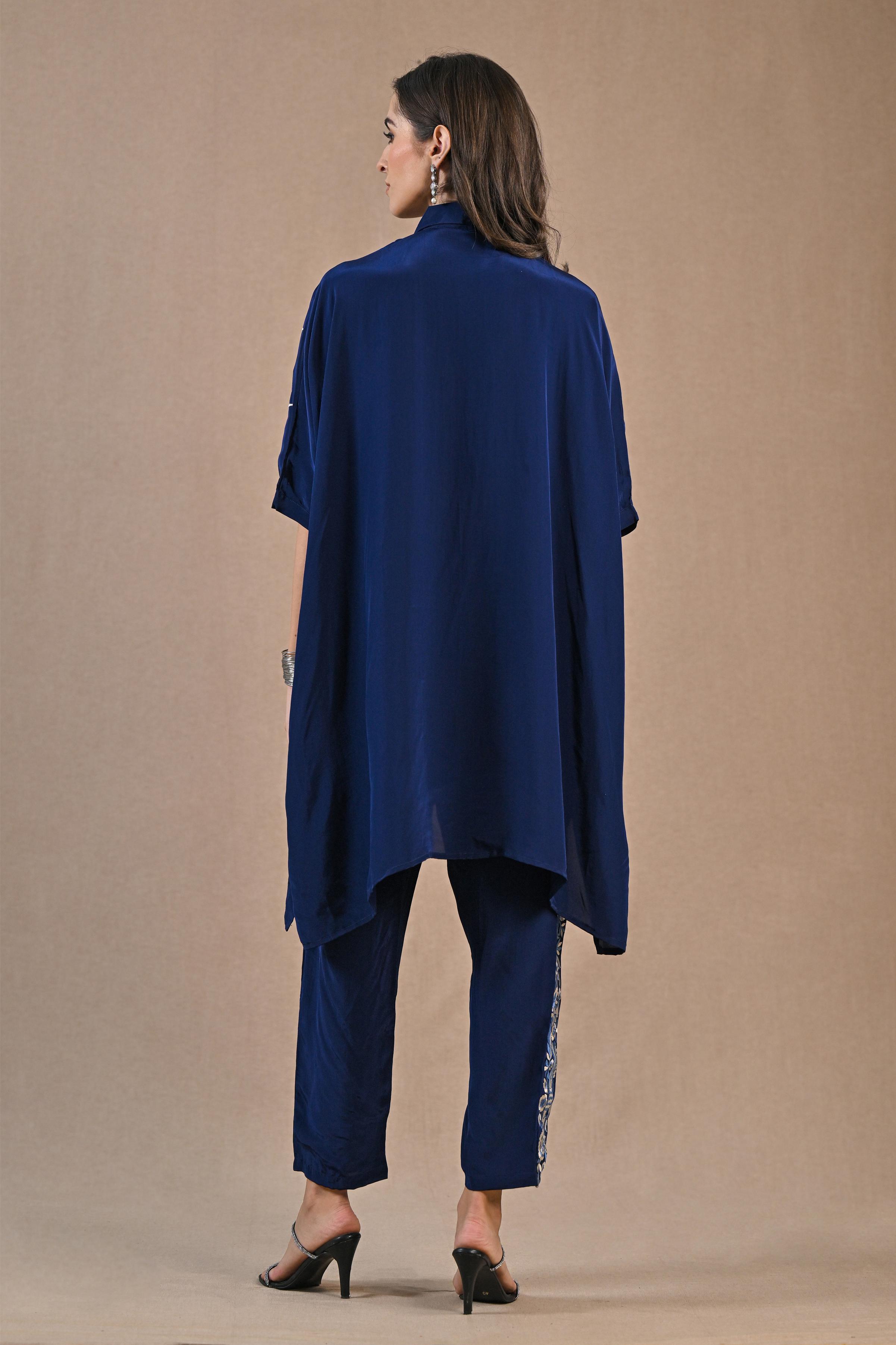 Deep Blue Embroidered Crepe Silk Co-Ord Set