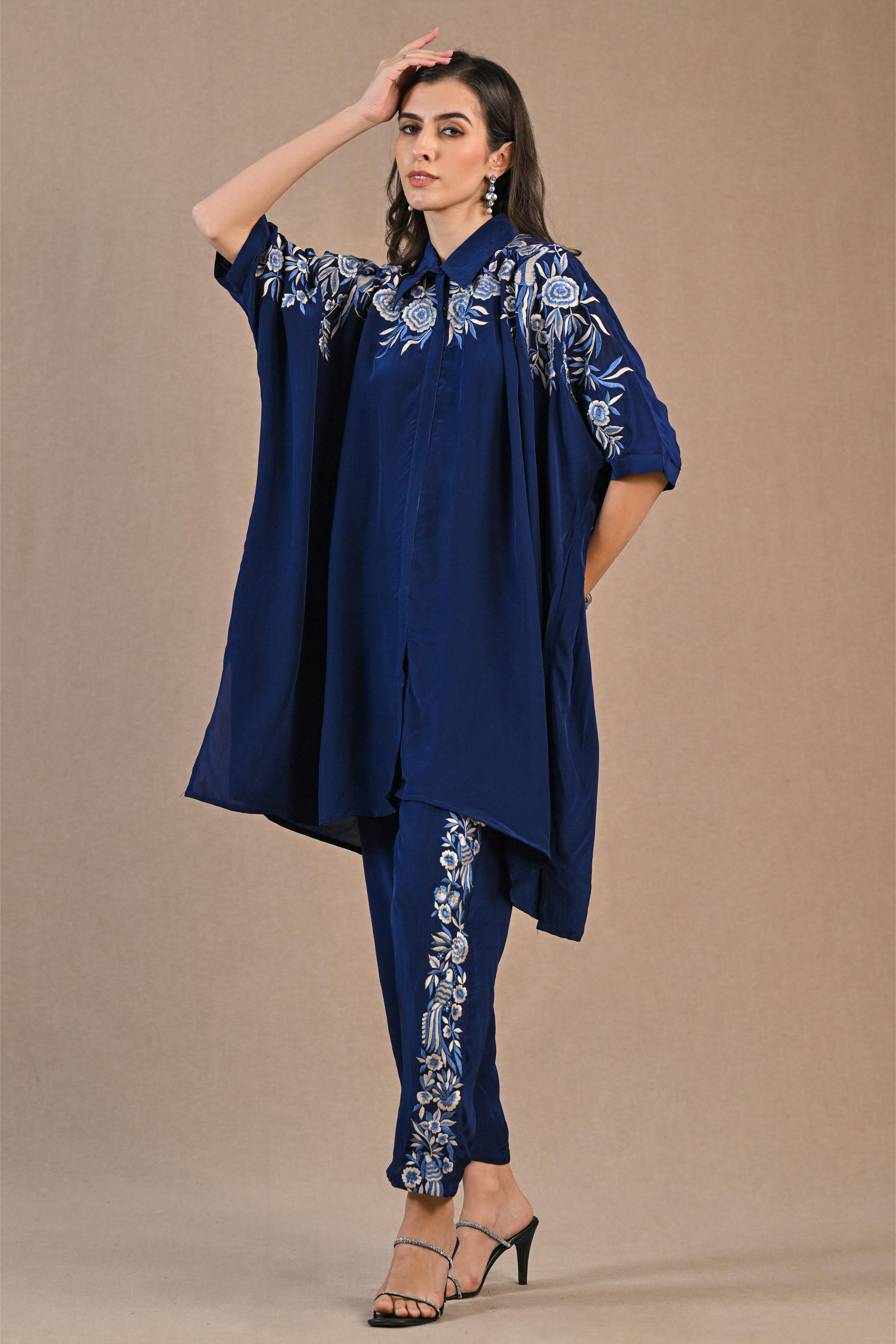Deep Blue Embroidered Crepe Silk Co-Ord Set