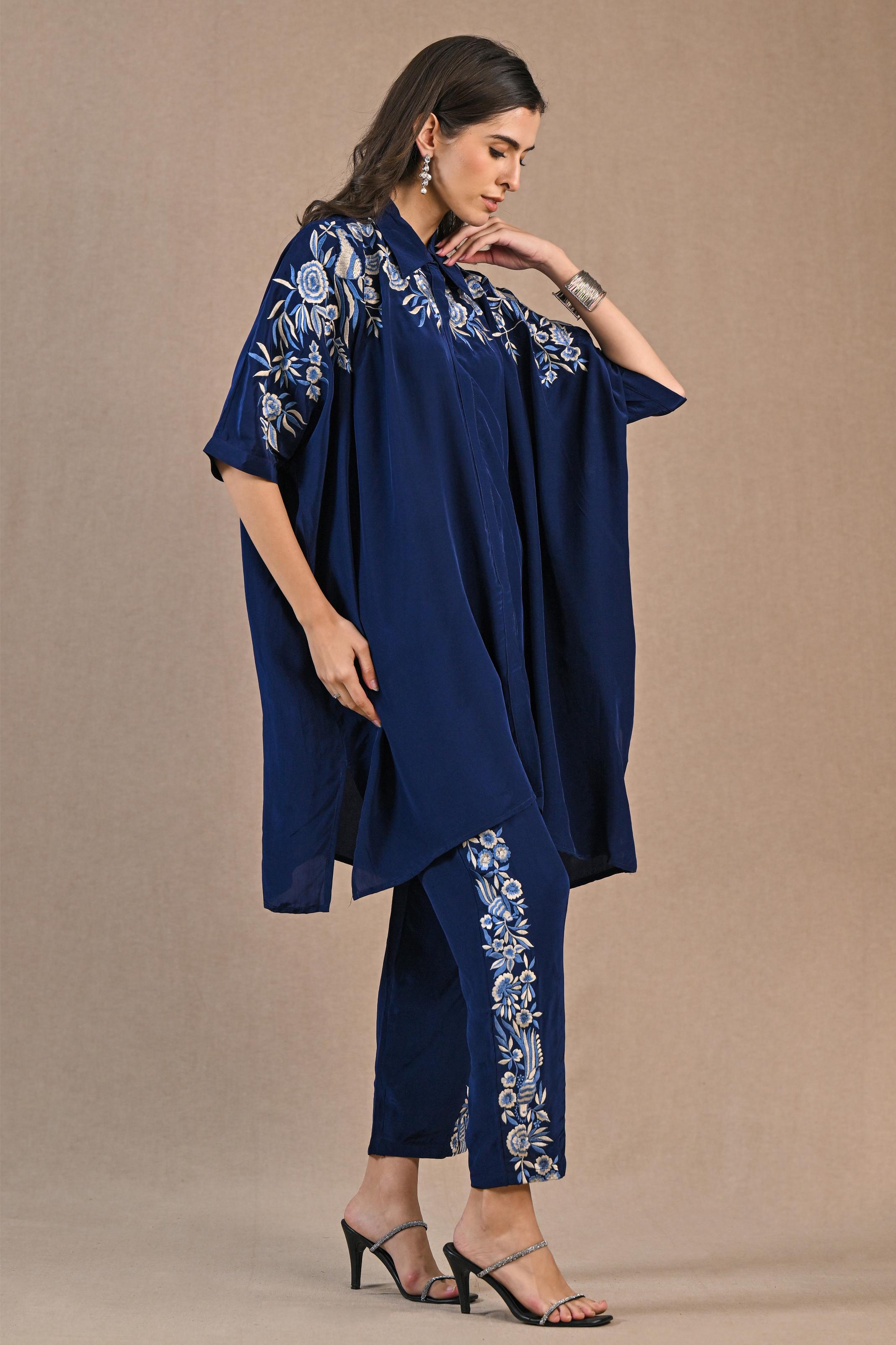 Deep Blue Embroidered Crepe Silk Co-Ord Set