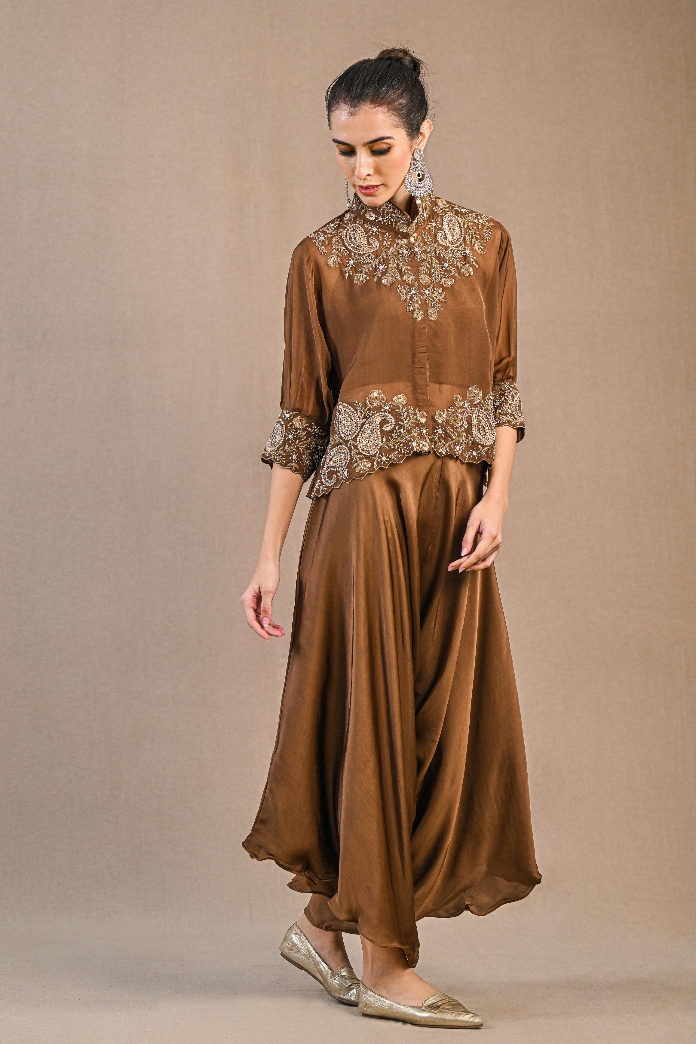 Brown Organza Silk Jacket & Palazzo Set