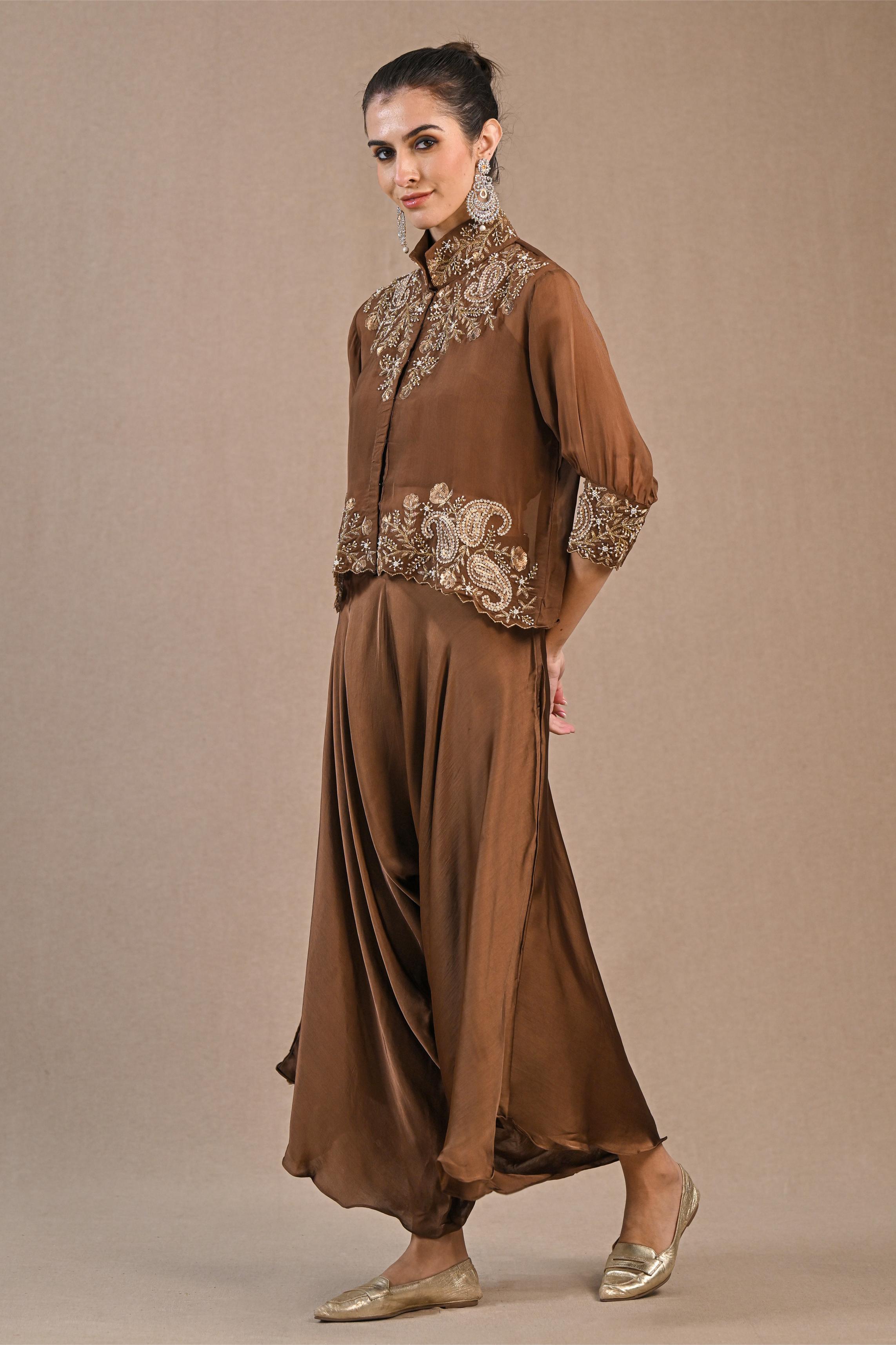 Brown Organza Silk Jacket & Palazzo Set