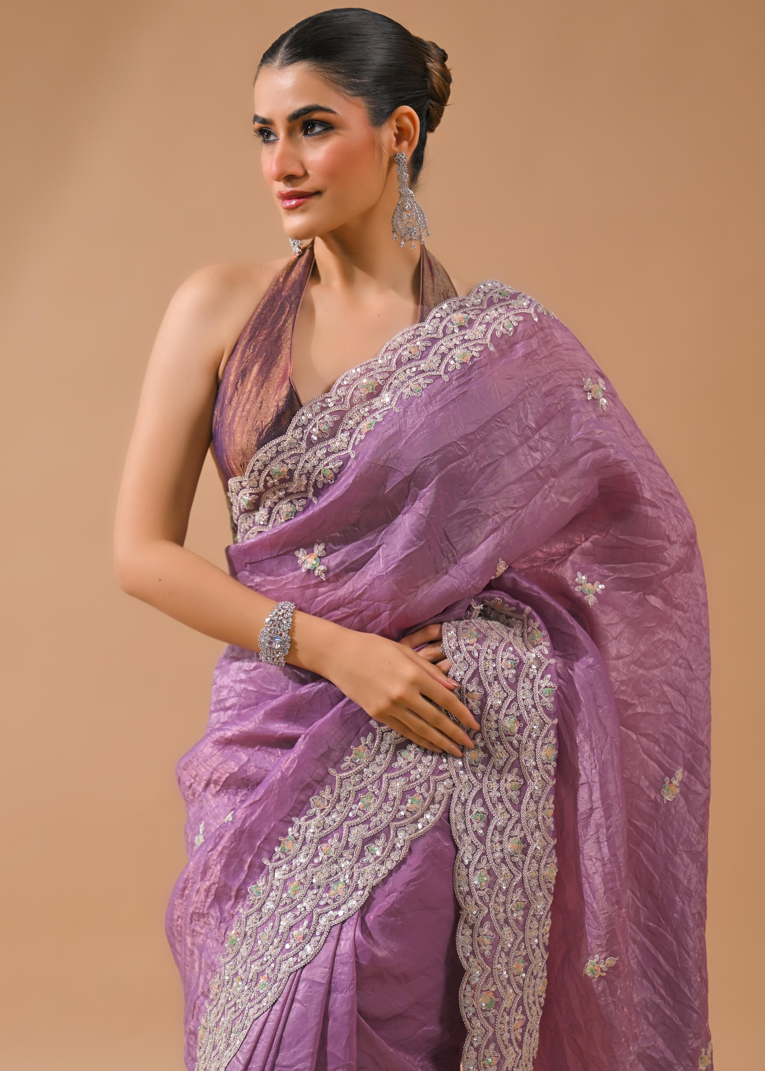 Dusty Lilac Embellished Crush Silk Saree