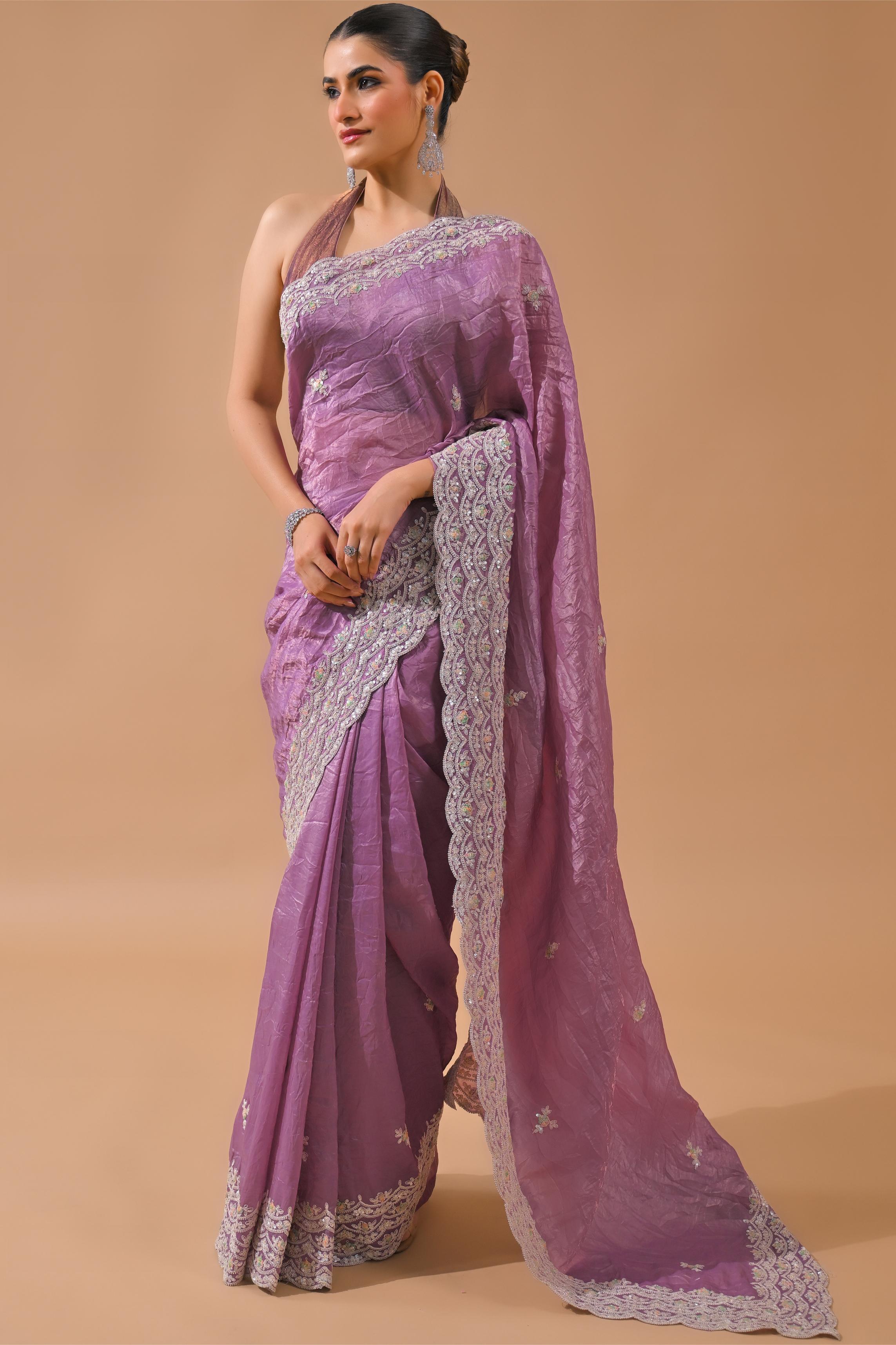 Dusty Lilac Embellished Crush Silk Saree