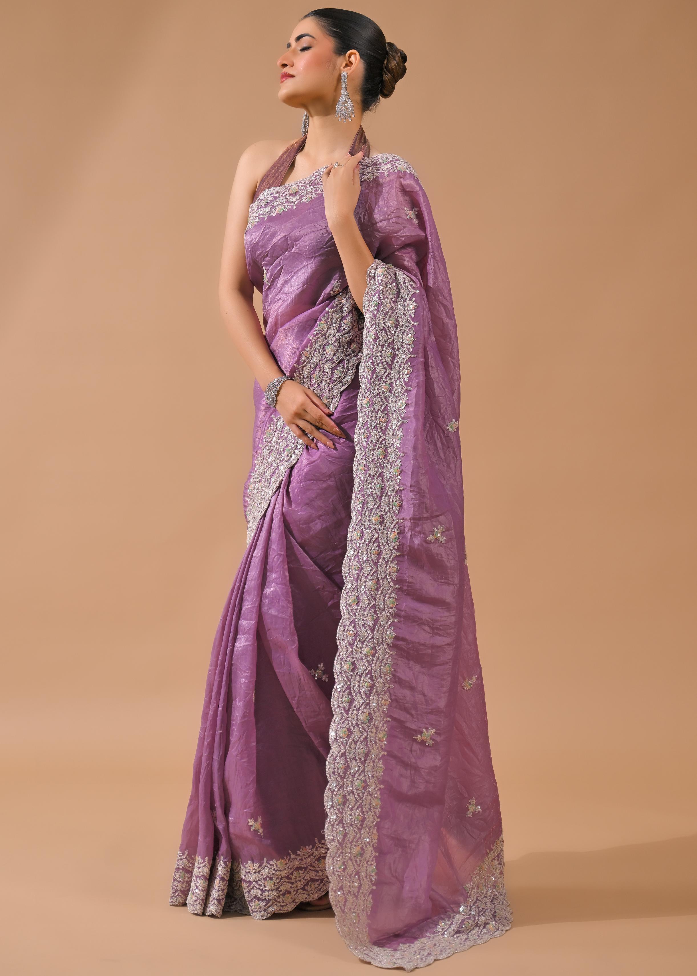 Dusty Lilac Embellished Crush Silk Saree