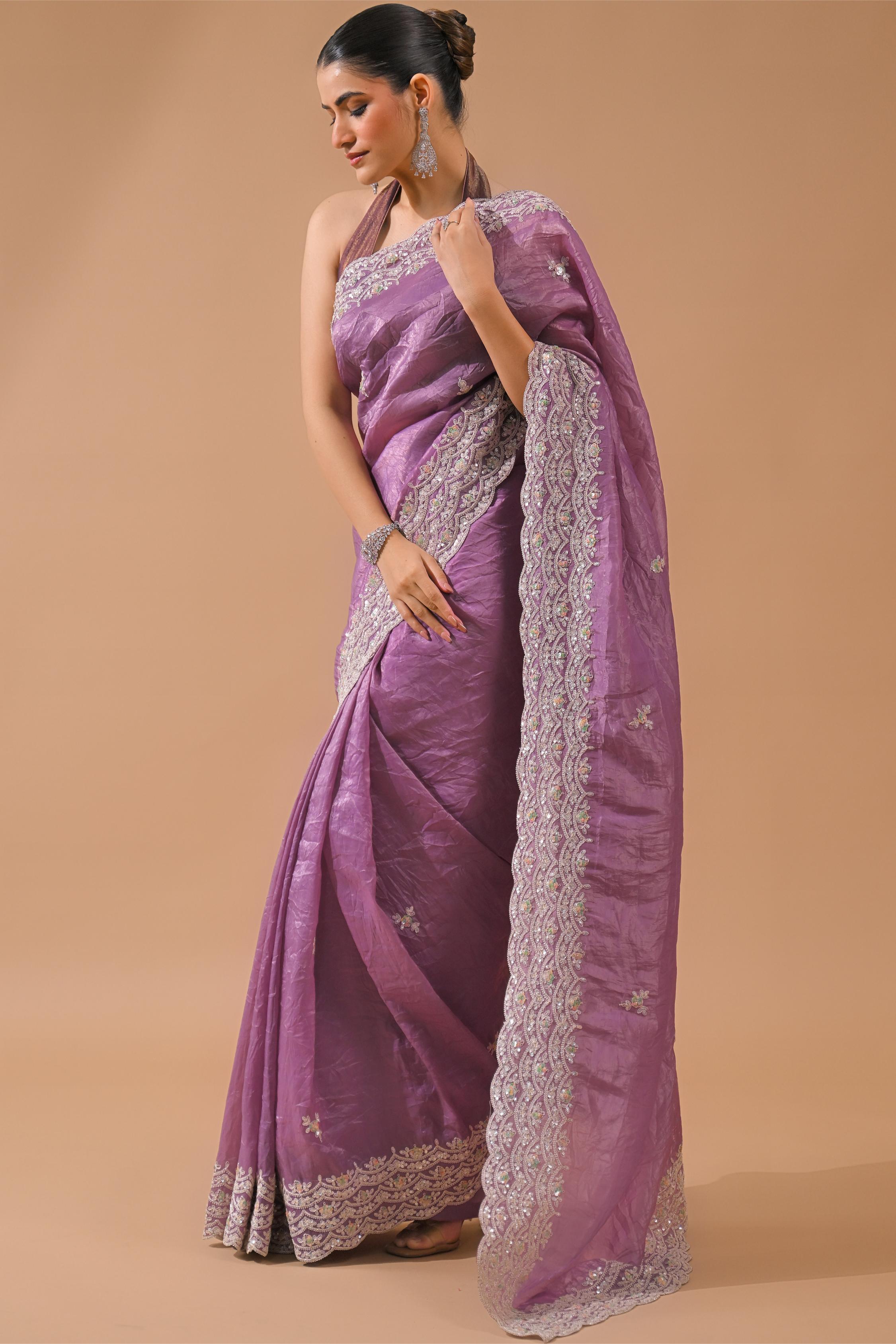 Dusty Lilac Embellished Crush Silk Saree