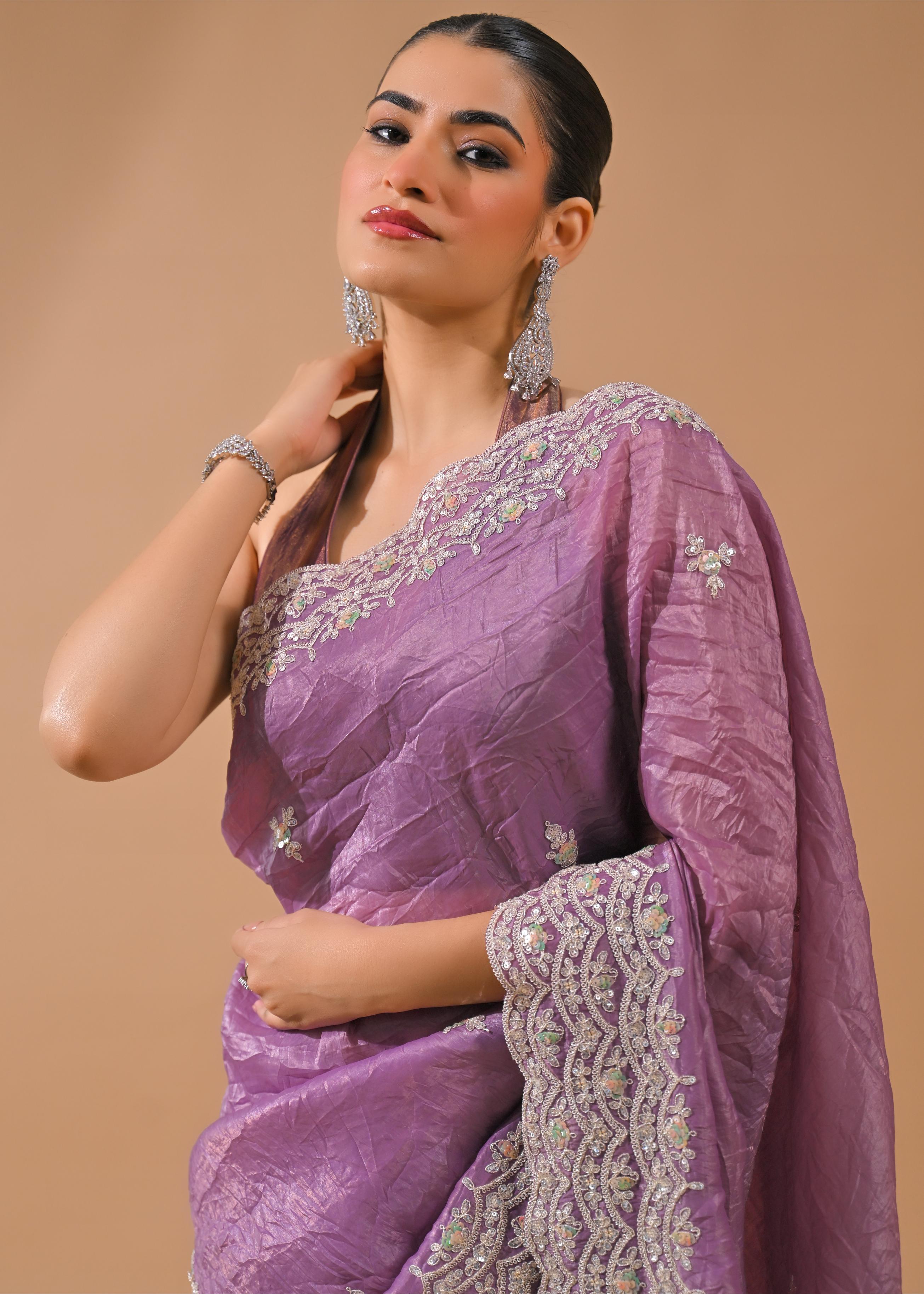 Dusty Lilac Embellished Crush Silk Saree
