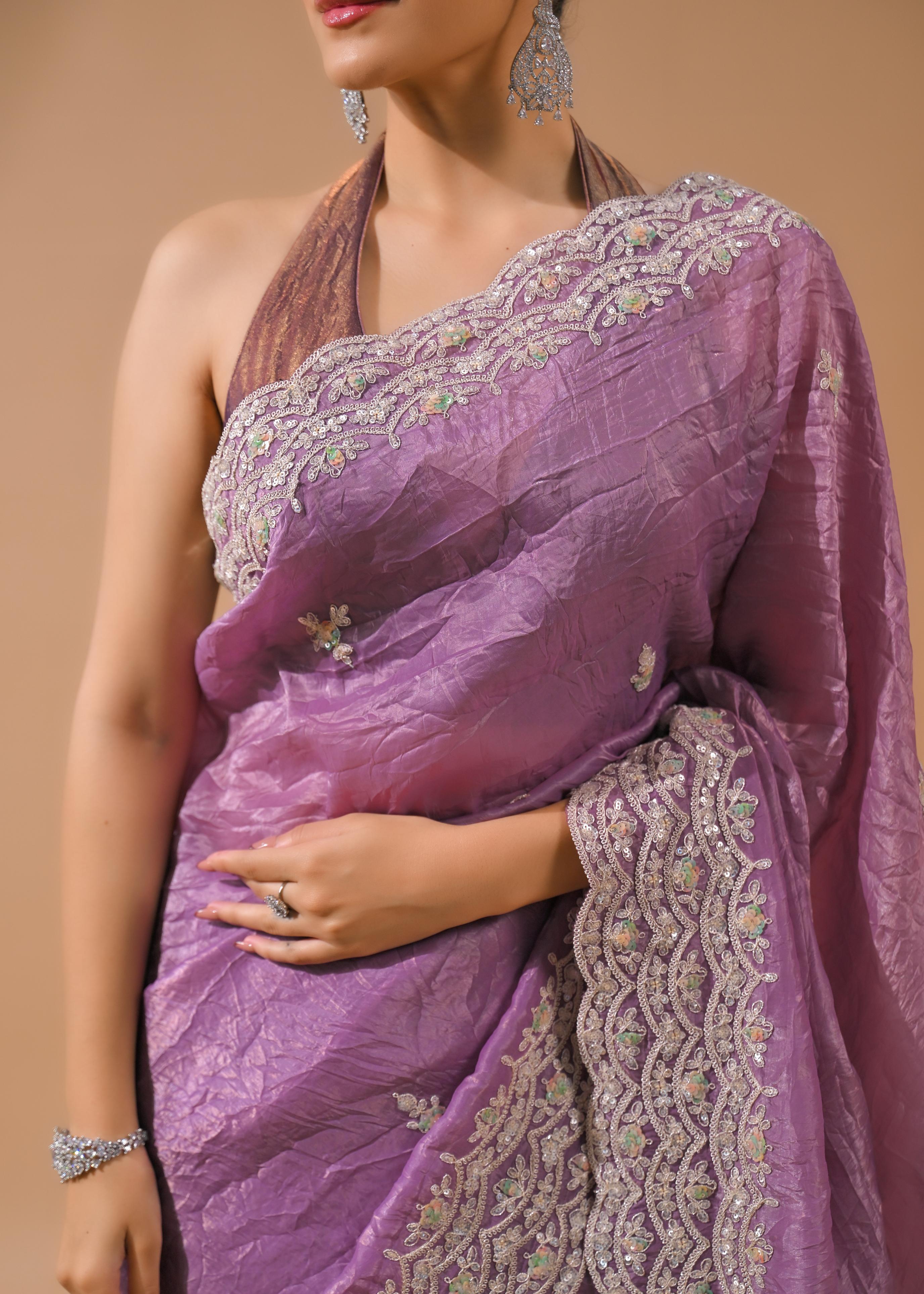 Dusty Lilac Embellished Crush Silk Saree