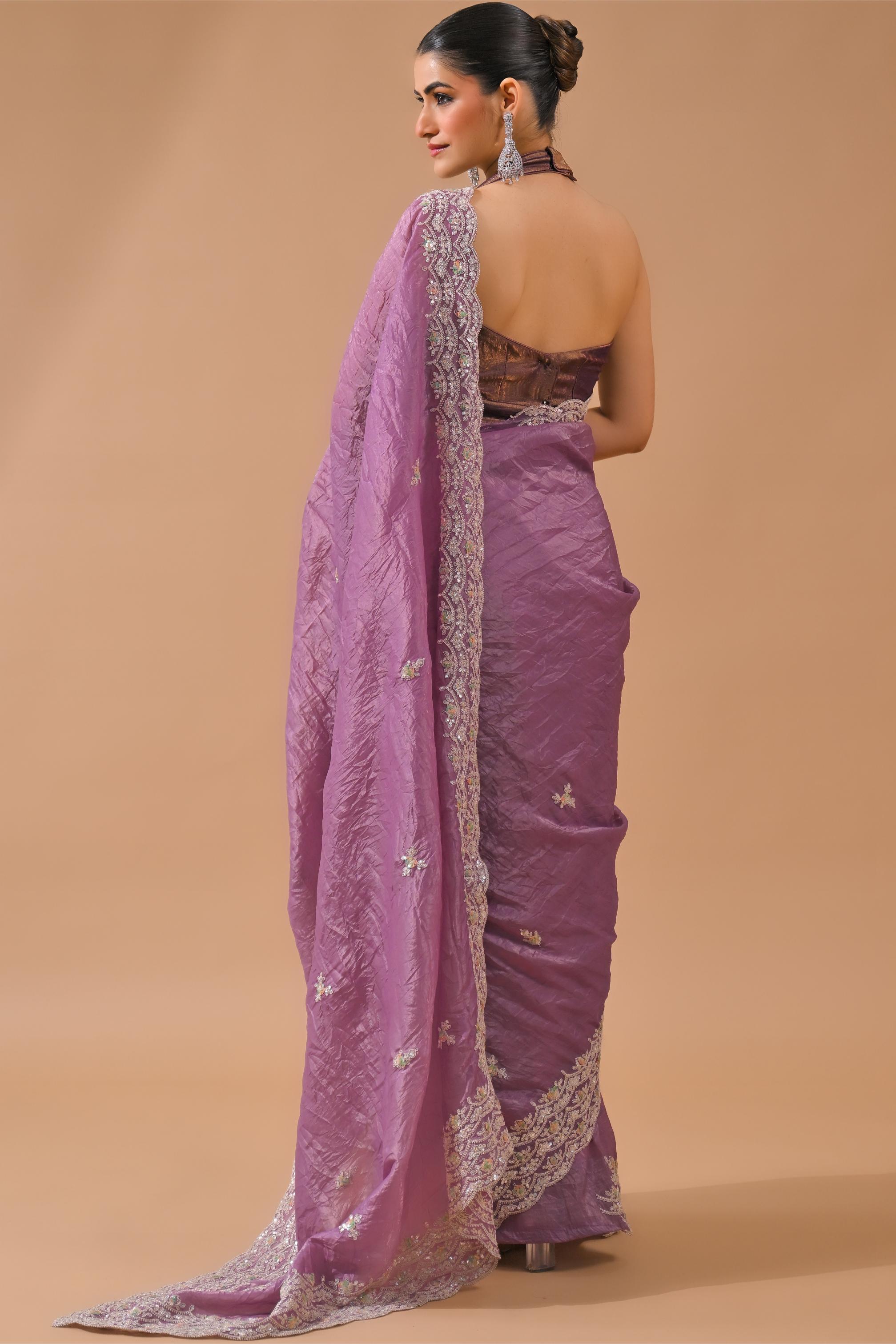 Dusty Lilac Embellished Crush Silk Saree