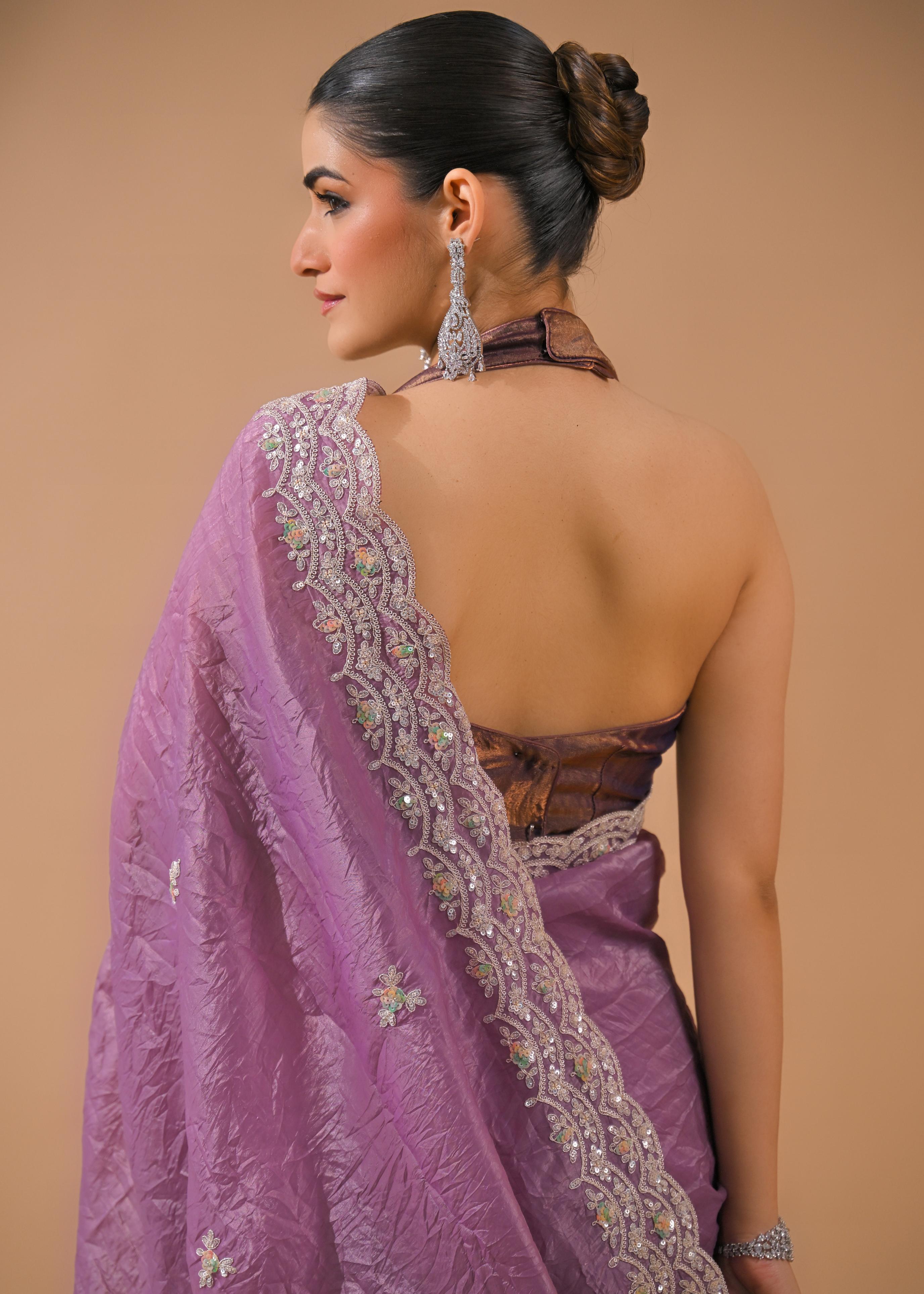 Dusty Lilac Embellished Crush Silk Saree