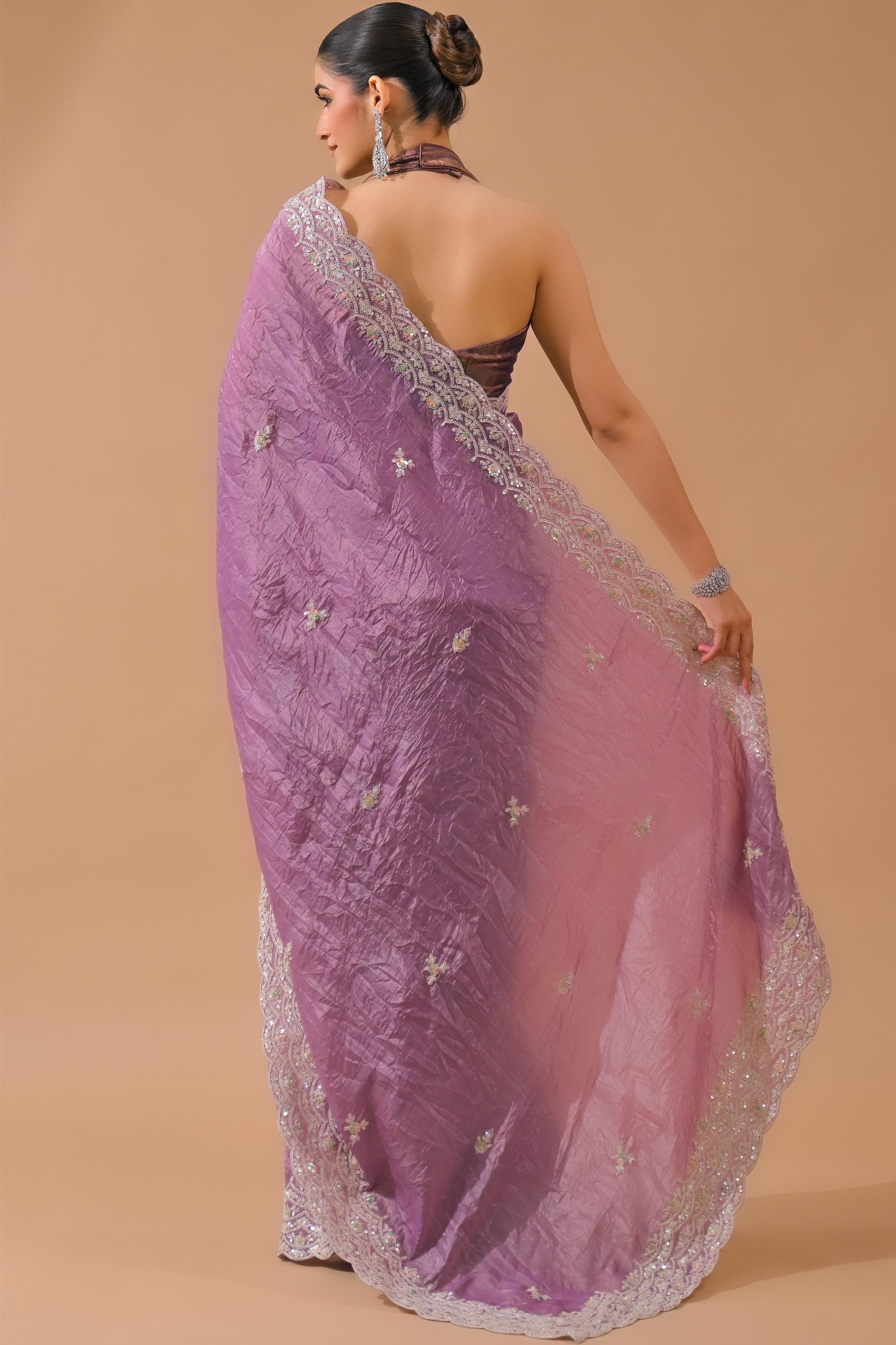 Dusty Lilac Embellished Crush Silk Saree